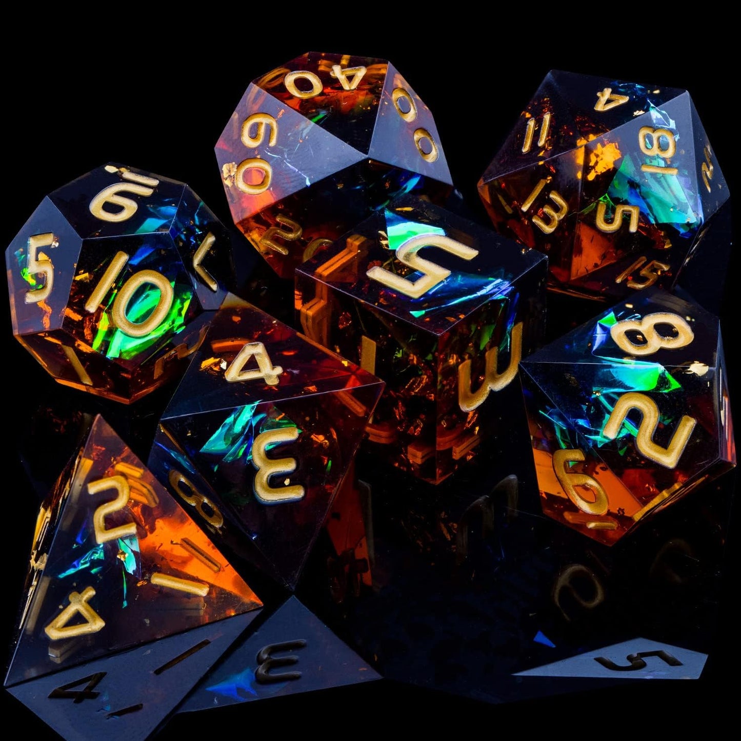 ARUOHHA DND Resin Dice Set 7Pcs Handmade Glitter Inclusions Sharp Edge Dragons Dice with Box, Role Playing Game RPG Lightning Polyhedral Dungeons D and D Dice Set