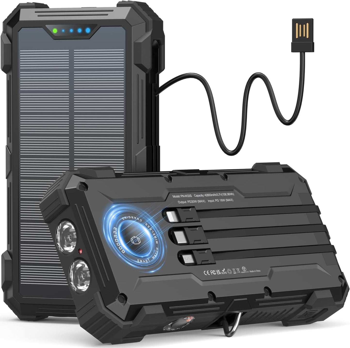 GOODaaa Solar Power Bank, 42800mAh Portable Charger 20W Fast Charging External Battery Pack Built in 4 Cables, Wireless Charging Power Bank for Apple Watches with Flashlight, Carabiner,Thermometer