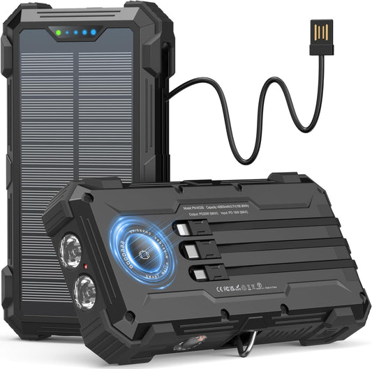 GOODaaa Solar Power Bank, 42800mAh Portable Charger 20W Fast Charging External Battery Pack Built in 4 Cables, Wireless Charging Power Bank for Apple Watches with Flashlight, Carabiner,Thermometer
