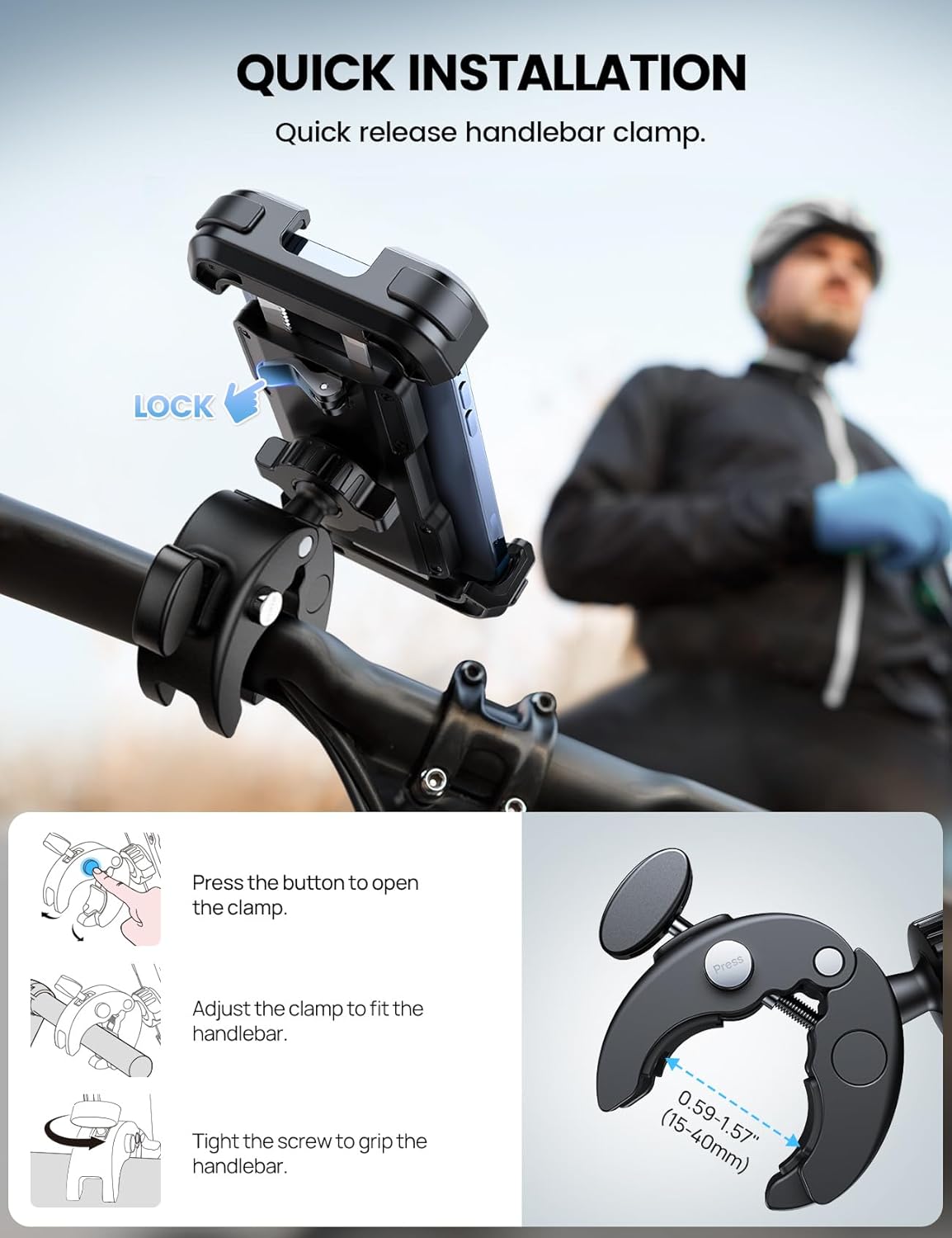 Lamicall Motorcycle Phone Mount, Bike Phone Holder - [Metal Lock] Upgrade Quick Install Handlebar Clip for Bicycle Scooter, Cell Phone Clamp for iPhone 16 15 14 Pro Max, Galaxy, 4.7-6.8" Phones