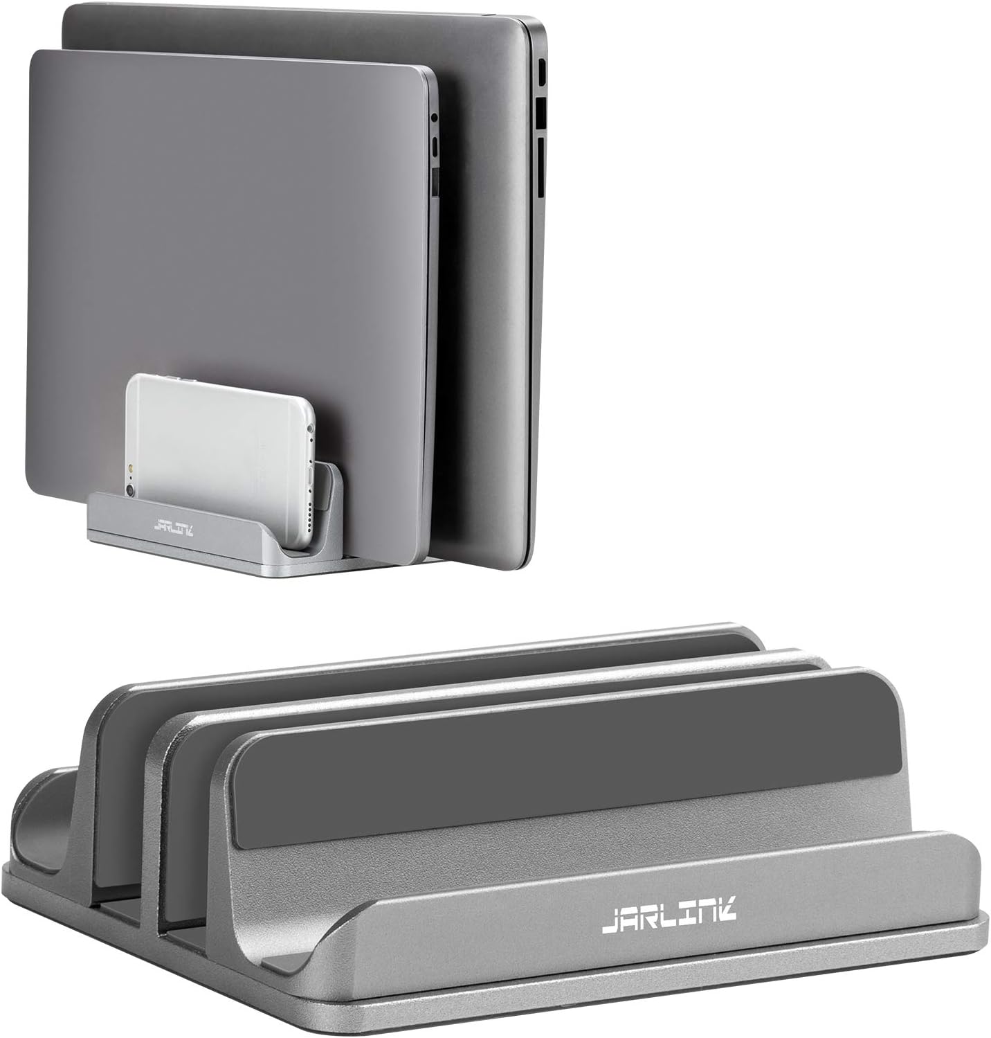 JARLINK 4-in-1 Adjustable Vertical Laptop Stand Holder, Aluminum Dual Slots Laptop Rack for Desk, Space-Saving Organizer Compatible with All MacBook, Surface, Chromebook, and Gaming Laptops (Grey)