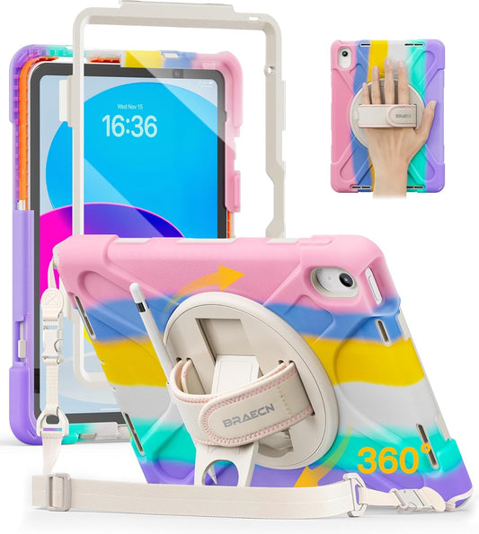 BRAECN for iPad (A16) 11th/10th Generation case 11/10.9 inch 2025/2022 Heavy Duty Shockproof Protective with Pencil Holder Screen Protector 360°Rotating Stand Handle & Shoulder Strap Full Body Cover