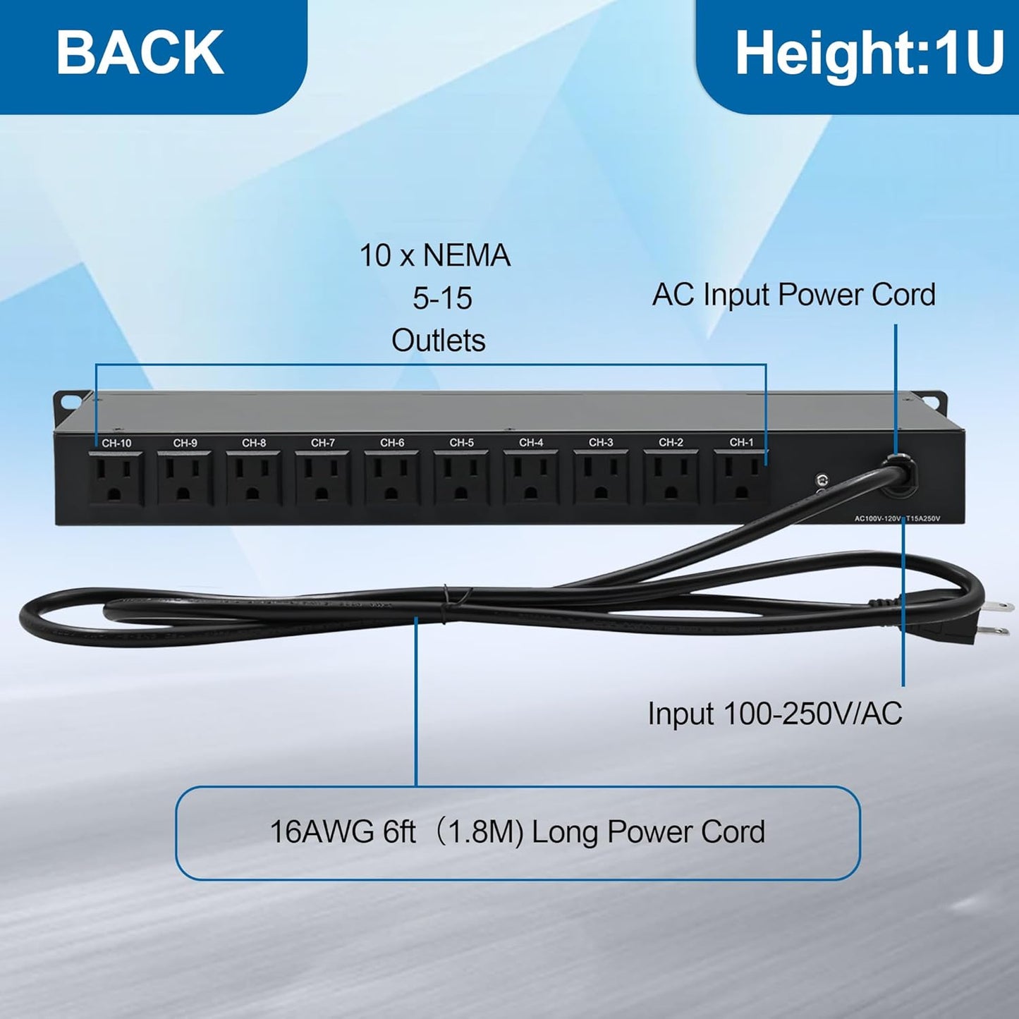 10 Outlets Horizontal 1U PDU Rackmount Power Strip - 10 Individual Led Switches, 100V-250V-1800 Joules, w/ 6 ft Power Cord for Office、Home and Network Server