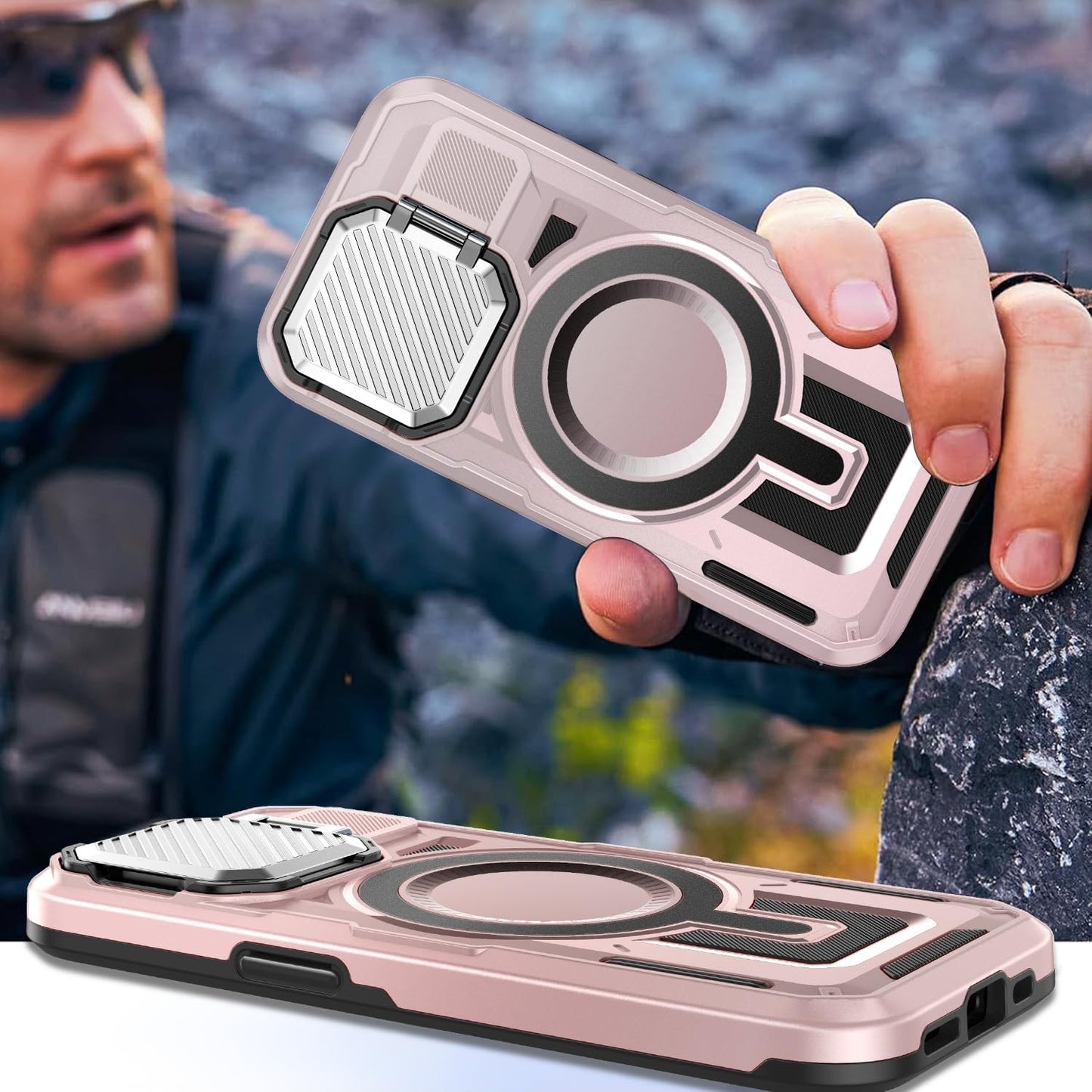 Camera Stand Case for iPhone 15 Plus, [Compatible with Mag Safe] [Lens Cover] 2024 Version Military Grade Protective Soft Case for iPhone 15 Plus 6.7 inch Men Women, Pink