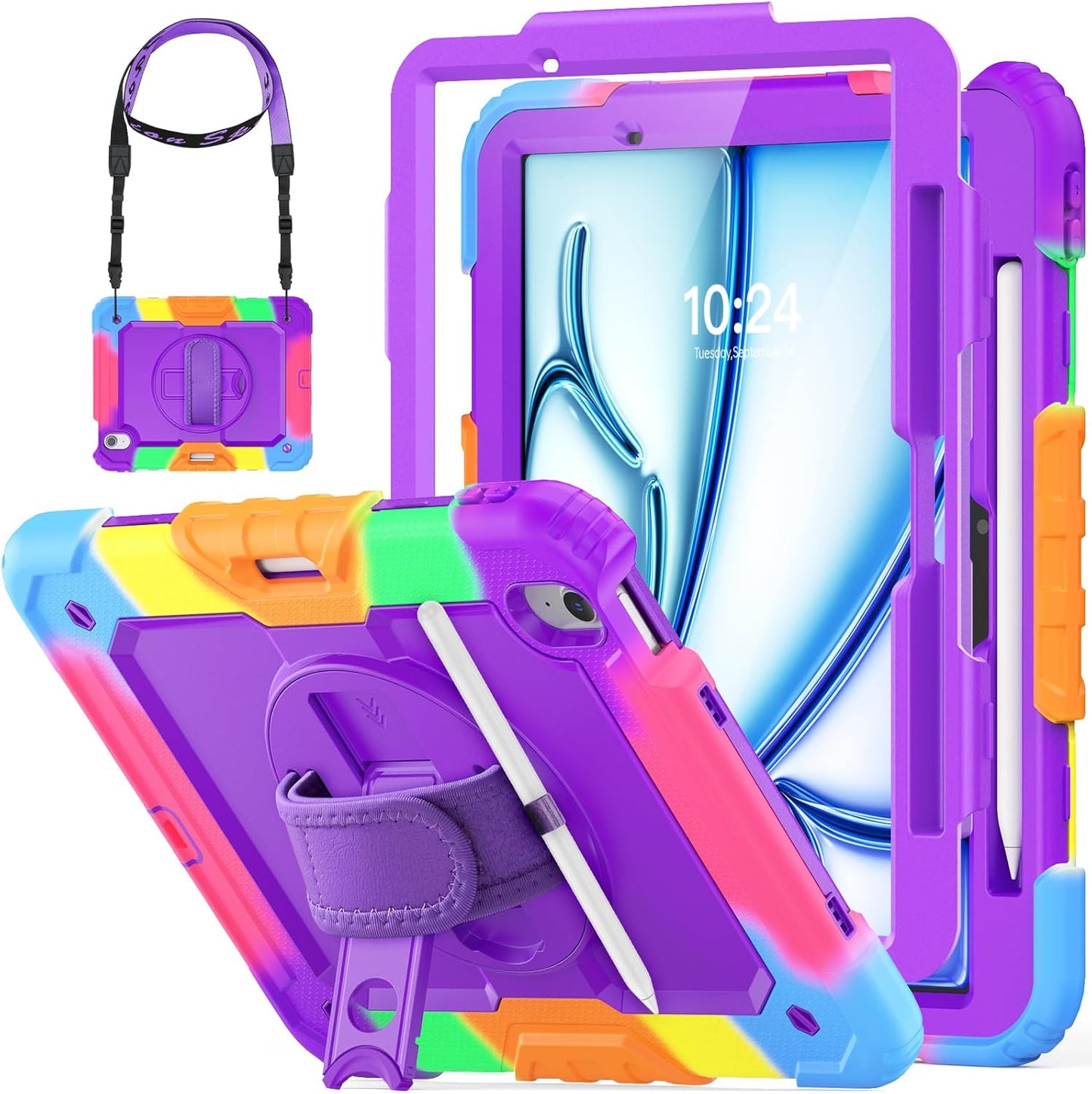 HXCASEAC Case for iPad Air 11 inch (2025 M3 / 2024 M2), Shockproof Design with Pencil Holder/Screen Protector/Rotating Hand Strap, Protective Cover for iPad Air 7th/6th Generation - Purple