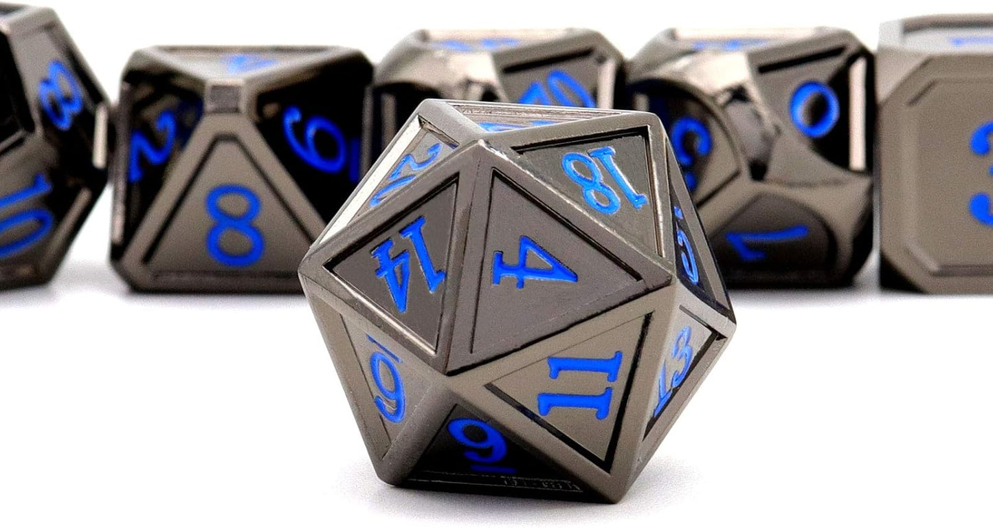 Haxtec Black Metal DND Dice Set D&D W/Gift Metal Case Polyhedral Dice Compatible with Dungeons and Dragons TTRPG-Black Blue Numbers