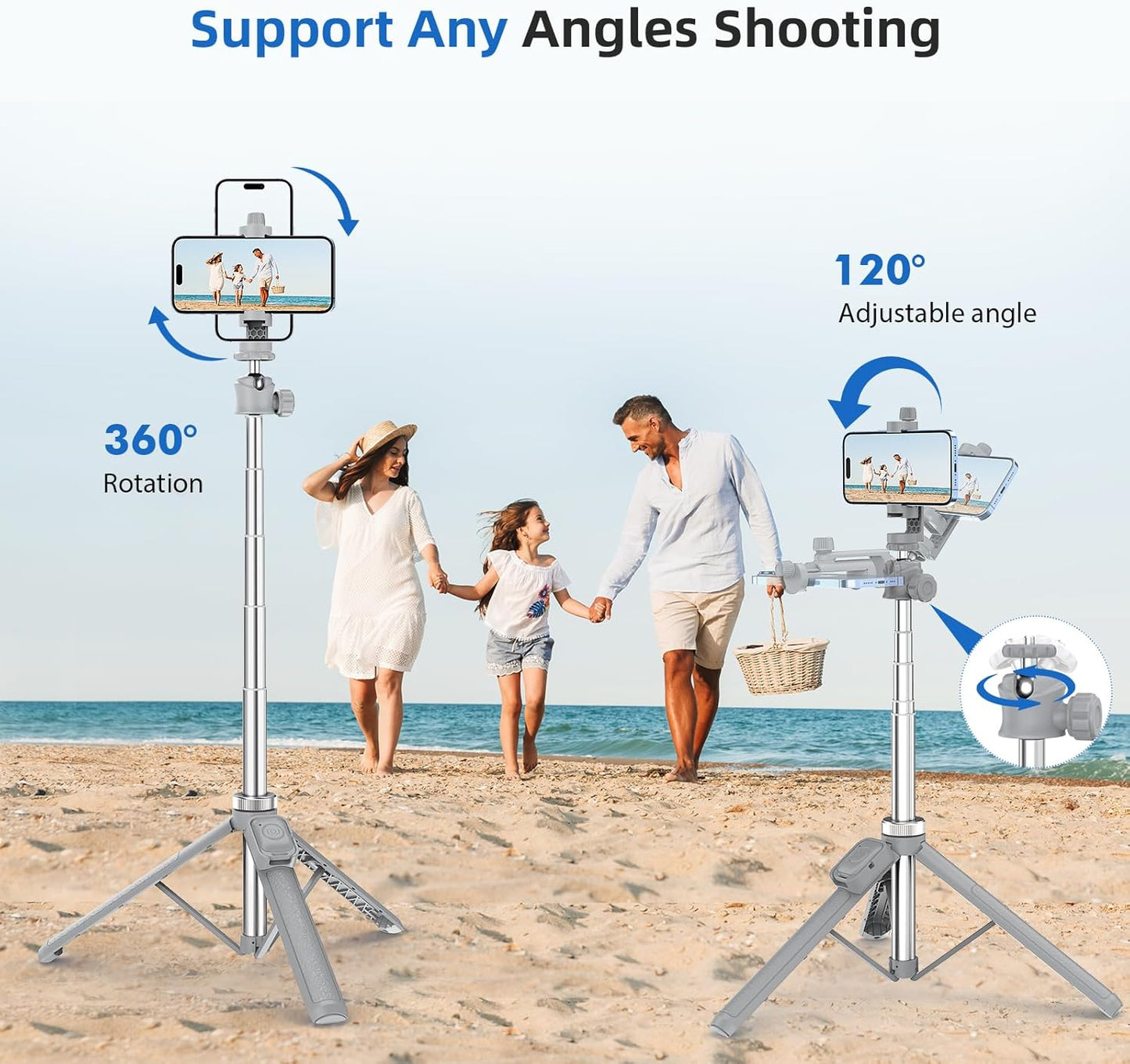 Extendable Tripod for iPhone with Remote, 360° Ball Head Upgraded Cell Phone Tripod for Video Recording, iPhone 14/13/12 Pro Max/Android/GoPro, 62in