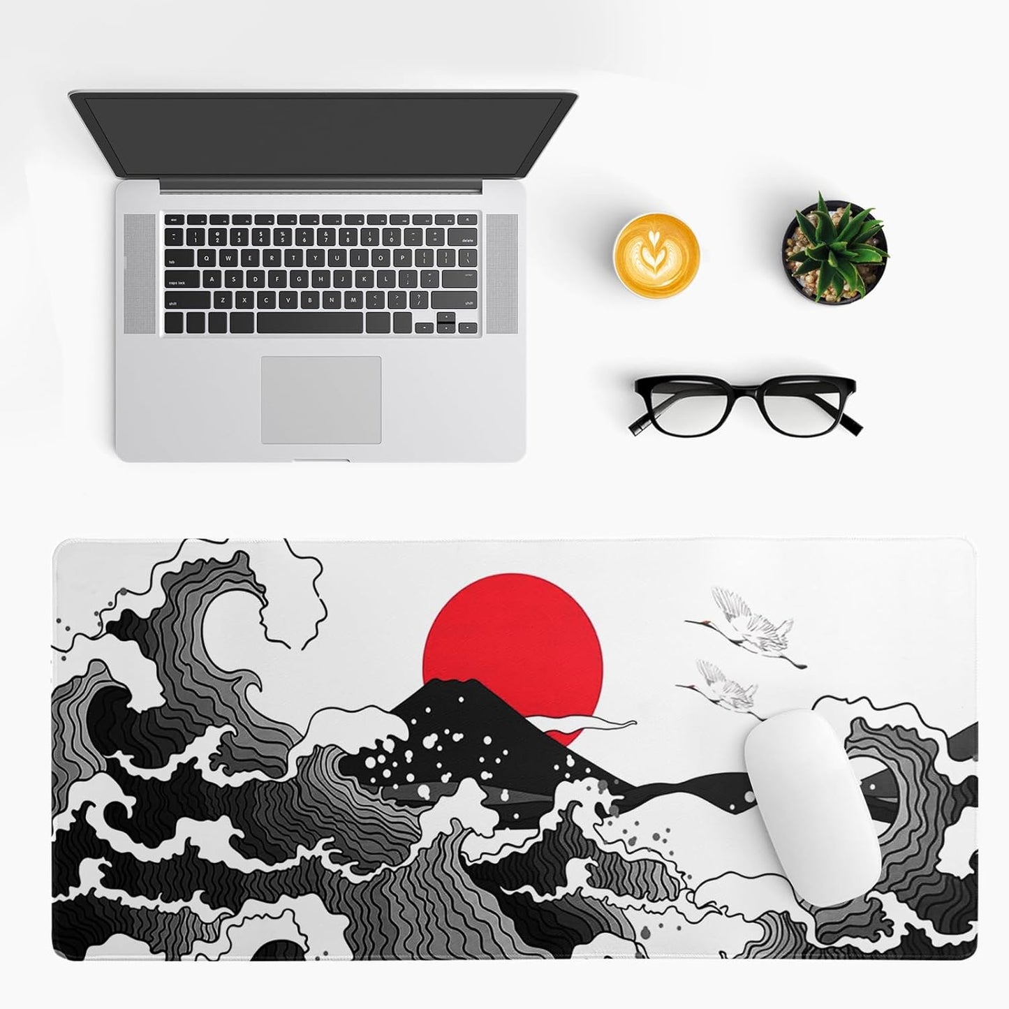 Japanese Red and Black Wave Gaming Mouse Pad Extended Large Mouse Mat Desk Pad Sea Texture Non-Slip Rubber Base Wave Mousepad Stitched Edges Keyboard Desk Pad for Office Home Game 31.5x11.8 Inch