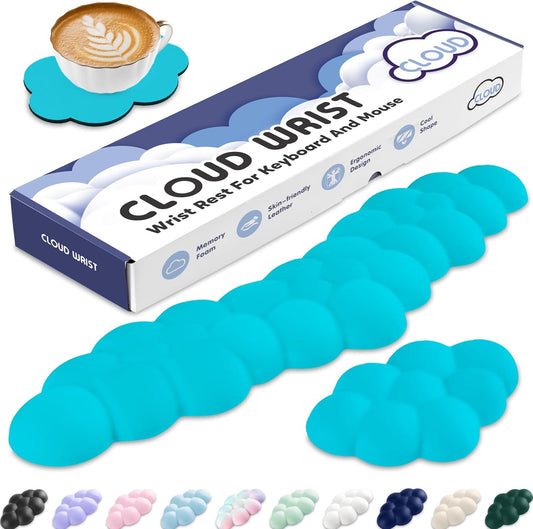Cloud Wrist Rest for Keyboard and Mouse, Memory Foam PU Leather Keyboard Wrist Rest with Ergonomic Support, Non-Slip Base, Cute Arm Rest Pad & Palm Cushion, Office Desk Accessory, Scuba Blue