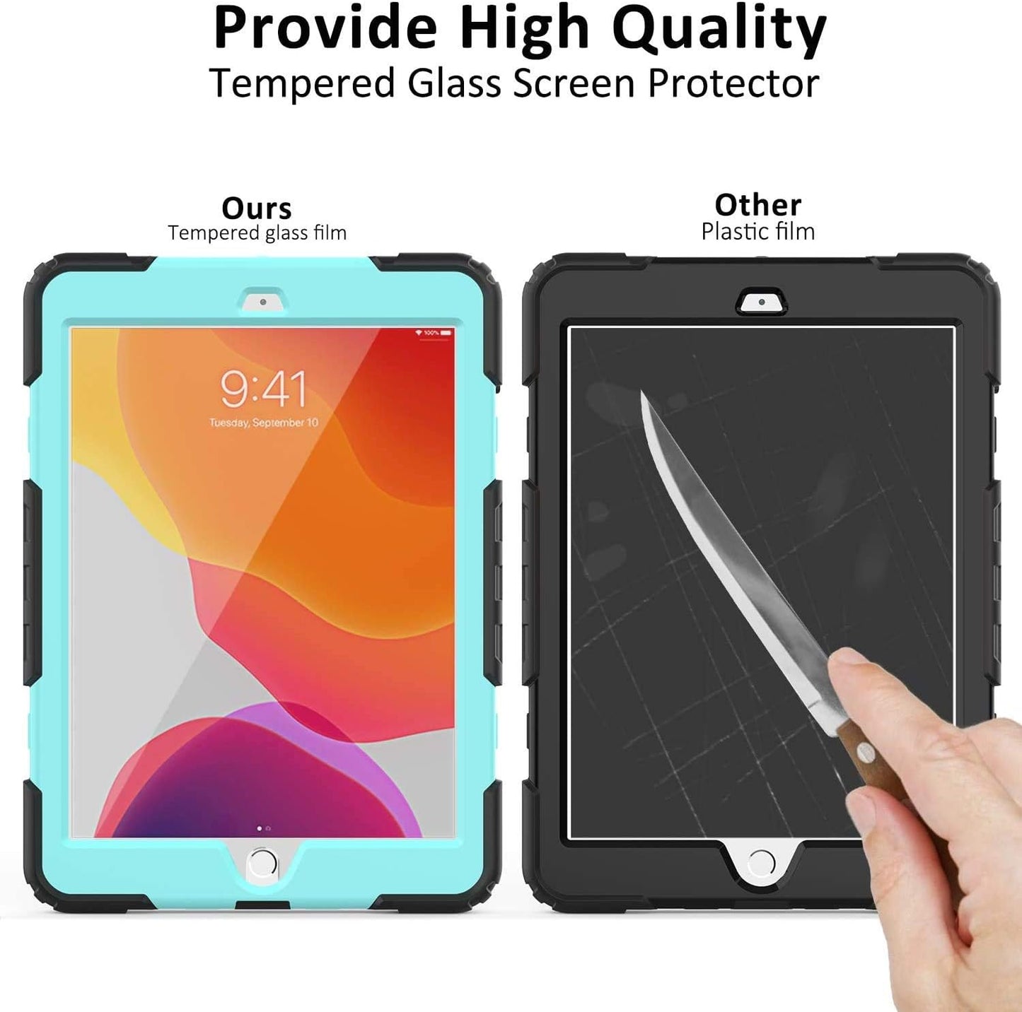 BLOSOMEET Case for iPad 9th/8th Generation 2021/2020 10.2 Inch with Tempered Glass Screen Protector & Pencil Holder,Rugged Kids iPad 7th Gen 10.2 Case 2019 Cover w/Stand Hand Shoulder Strap,SkyBlue