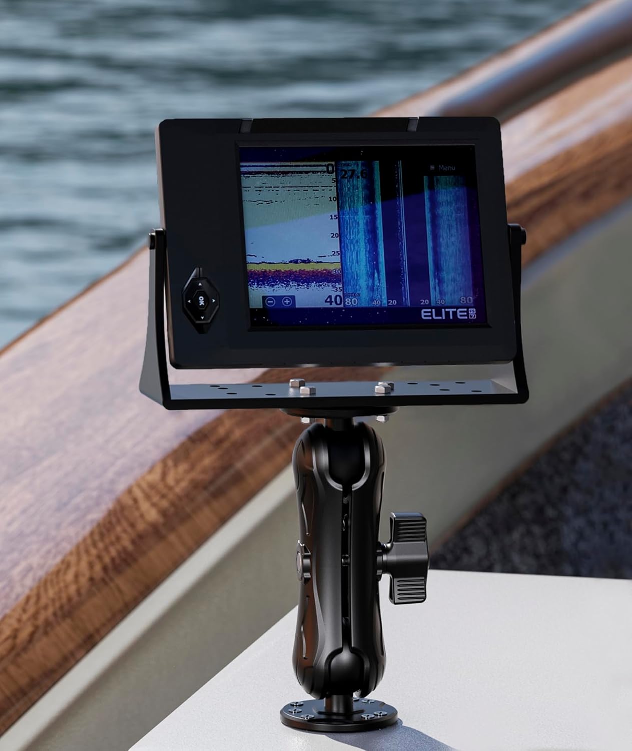 Aluminum Alloy Fish Finder Mount with 1.5" Ball AMPS Hole Round Plates, 5.7" Medium Arm Marine Electronic Mount Tablet Holder for Garmin, Lowrance, Humminbird, Raymarine and More