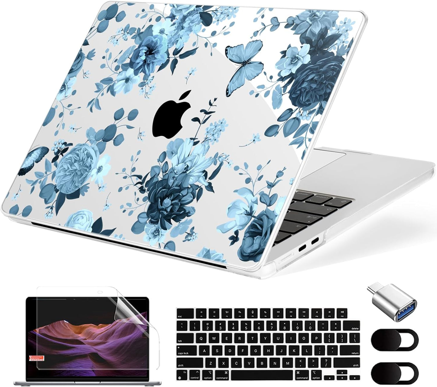 Compatible with MacBook Air 13.6 inch Case, M4 A3240/M3 A3113/M2 A2681 (Released 2025 to 2022), Hard Shell, Keyboard Cover, Screen Protector, Webcam Cover & Type-C Adapter, Blue Flowers