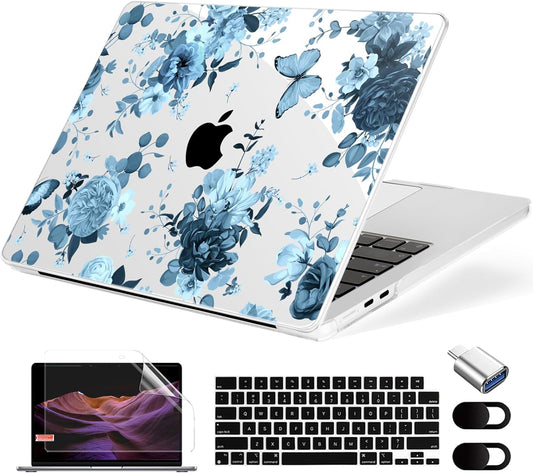 Compatible with MacBook Air 13.6 inch Case, M4 A3240/M3 A3113/M2 A2681 (Released 2025 to 2022), Hard Shell, Keyboard Cover, Screen Protector, Webcam Cover & Type-C Adapter, Blue Flowers