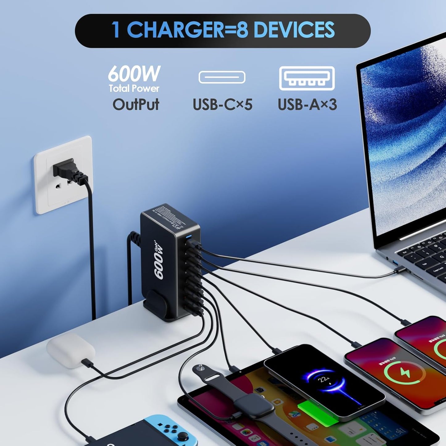 600W USB C Fast Charger Block, 8 Port Charging Station, GaN Ⅲ Multi Port Charging Station Hub for Multiple Devices, Multiport USB Charger Station Compatible with MacBook iPhone iPad Dell