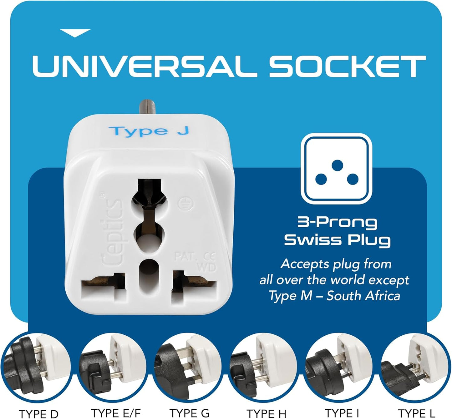 Ceptics Switzerland Travel Plug Adapter (Type J) - 3 Pack [Grounded & Universal] (GP-11A-3PK)