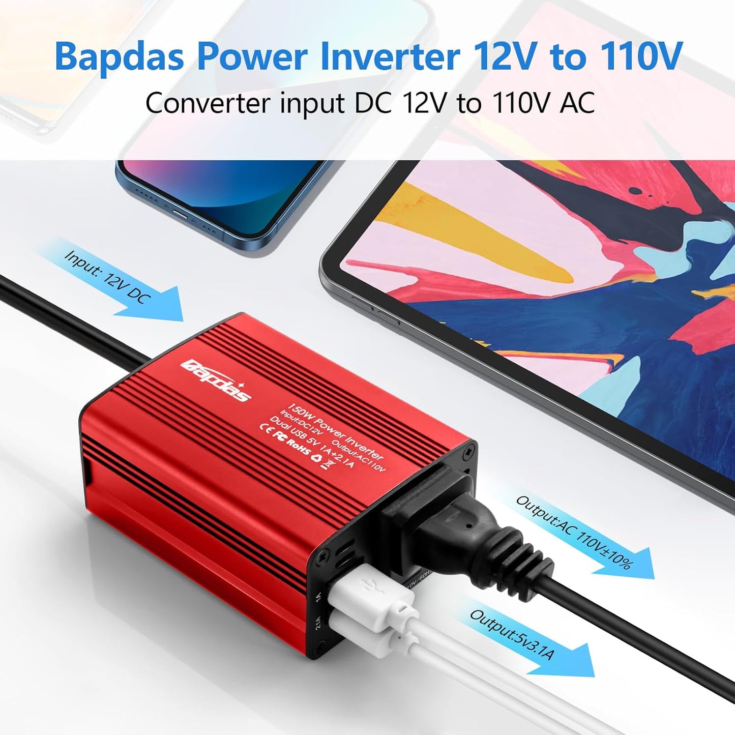 150W Power Inverter 12v to 110v Car Adapter Outlet to Wall Plug with 3.1A Dual USB Car Charger for Laptop Computer-Red