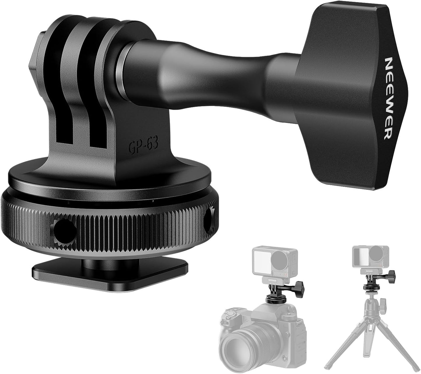 NEEWER Action Camera Cold Shoe Mount Adapter Compatible with GoPro Accessories Go Pro DJI Insta360 AKASO, Metal 1/4" Thread Hot Shoe Mount for Mini Tripod Selfie Stick, 180° Tilt, GP-63