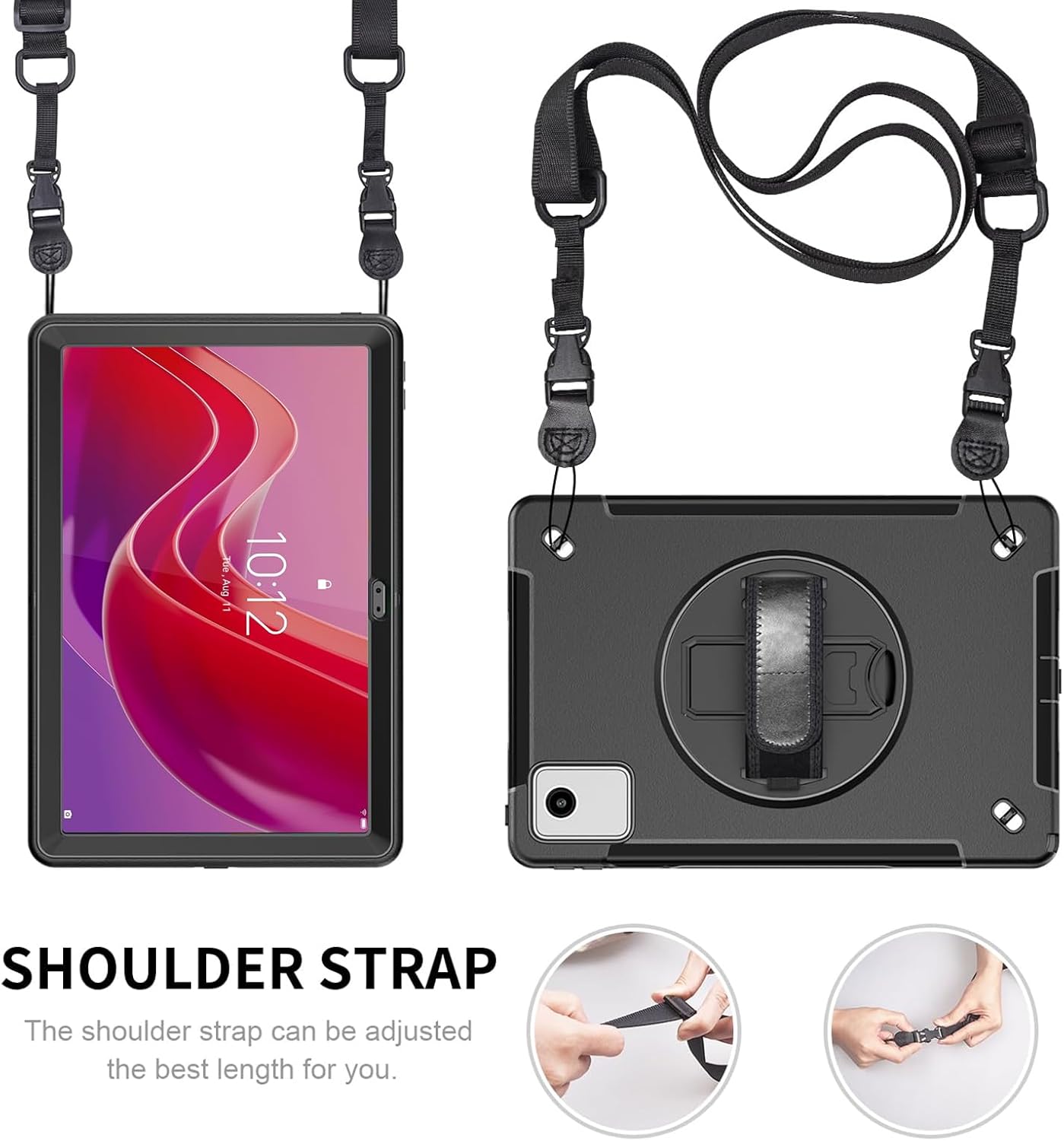 Junfire Protective Case for Lenovo Tab M11/Tab K11 LTE 11-inch 2024, Shockproof Rugged Case with 360°Rotating Kickstand/Hand Strap/Shoulder Strap/Pencil Holder for TB-330FU/330XU-Black