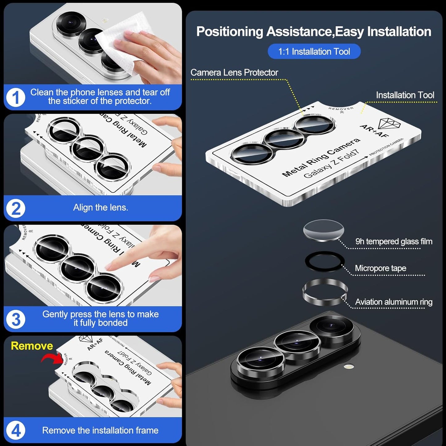 for Samsung Galaxy Z Fold 7 Camera Lens Protector, Individual Metal Ring Tempered Glass Lens Cover, [Strong Adsorption] Scratch Resistant Ultra-Thin HD Clear Lens Cover, 1 Set-Black Ring