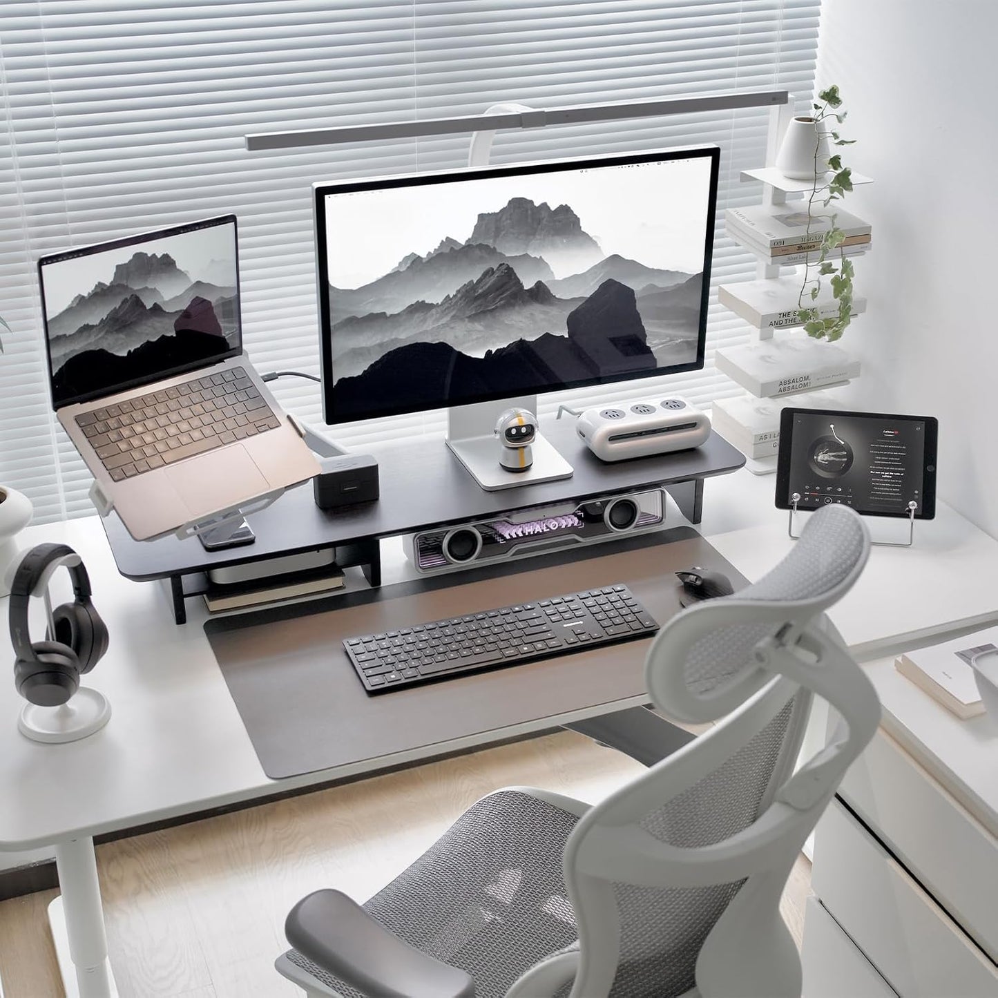 Bamboo Dual Monitor Stand Riser Black, 2-Tier Desk Monitor Riser for 2 Monitors, Supports for PC Computer Monitor, Printer, Heavy TV Riser up to 300 lbs