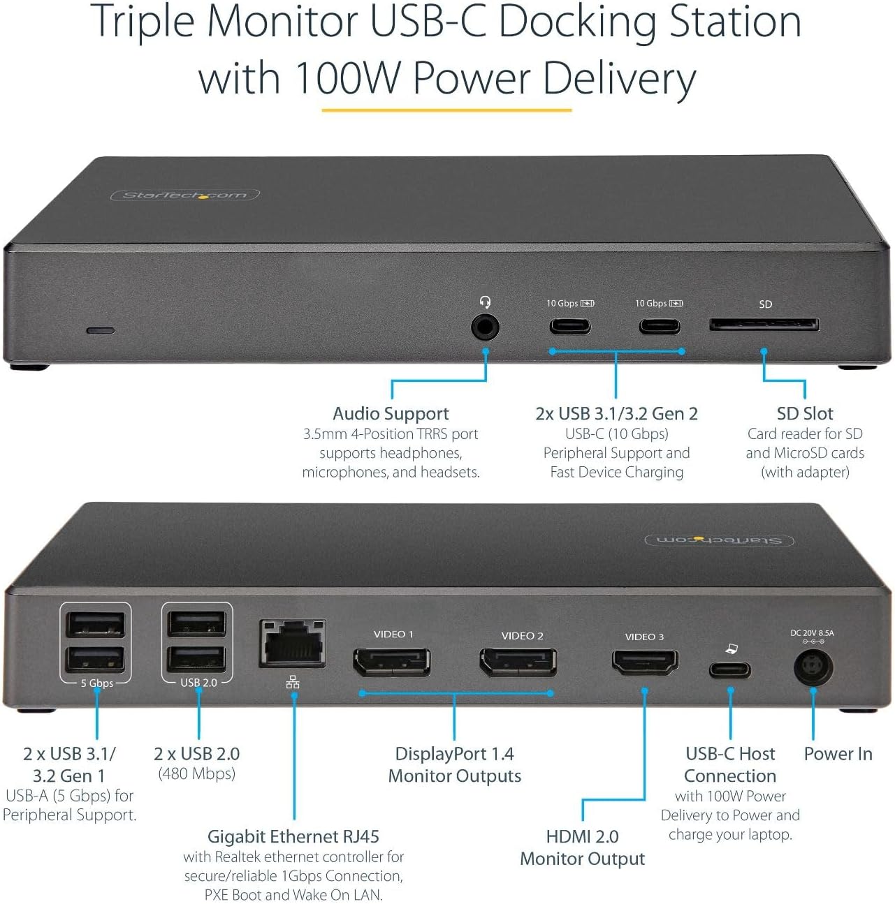 StarTech.com USB C Dock - Triple 4K Monitor USB Type-C Docking Station - 100W Power Delivery - DP 1.4 Alt Mode & DSC, 2X DisplayPort 1.4/HDMI 2.0-6xUSB (2X 10Gbps), SD - Windows/Chrome (DK31C2DHSPD)
