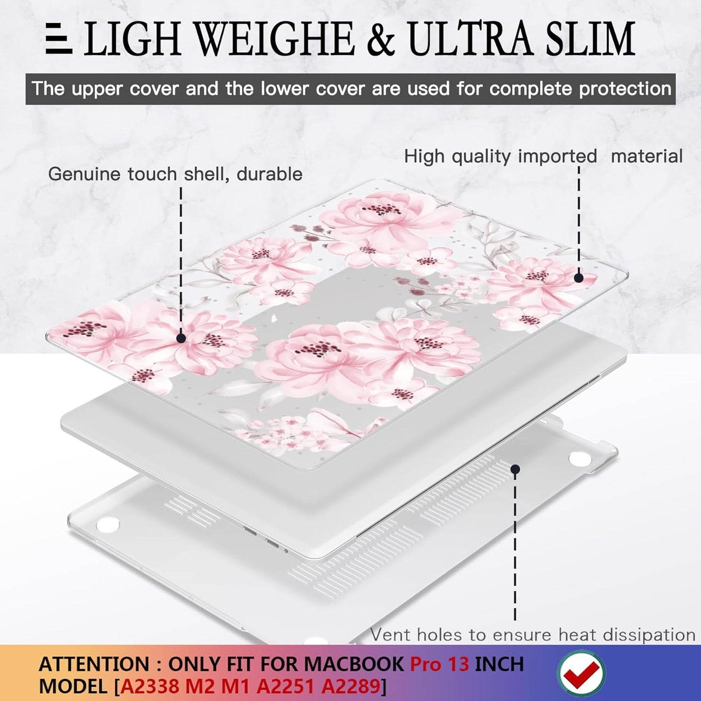 CISSOOK Compatible with MacBook Pro 13 inch Case M2 M1 Chip 2025-2016 Release A2338 A2251 A2289 A2159 A1989 A1706 Model with Touch Bar, Plastic Hard Shell Case +Keyboard Cover, Cute Pink Flower