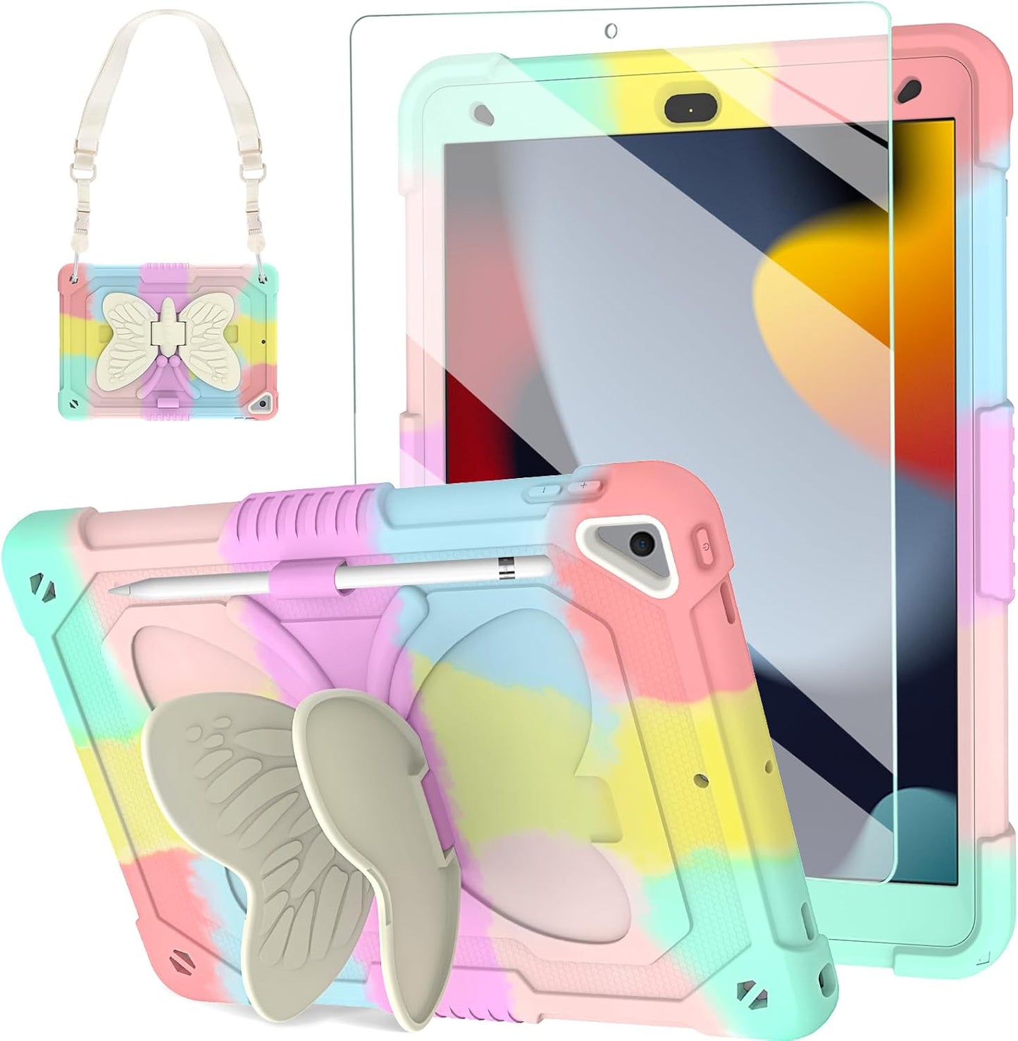 BLOSOMEET Pink Kids Case for iPad 9th/8th/7th Generation 2021/2020/2019 10.2 Inch with Tempered Glass Screen Protector & Butterfly Stand Cover for iPad 10.2 with Shoulder Strap Pencil Holder