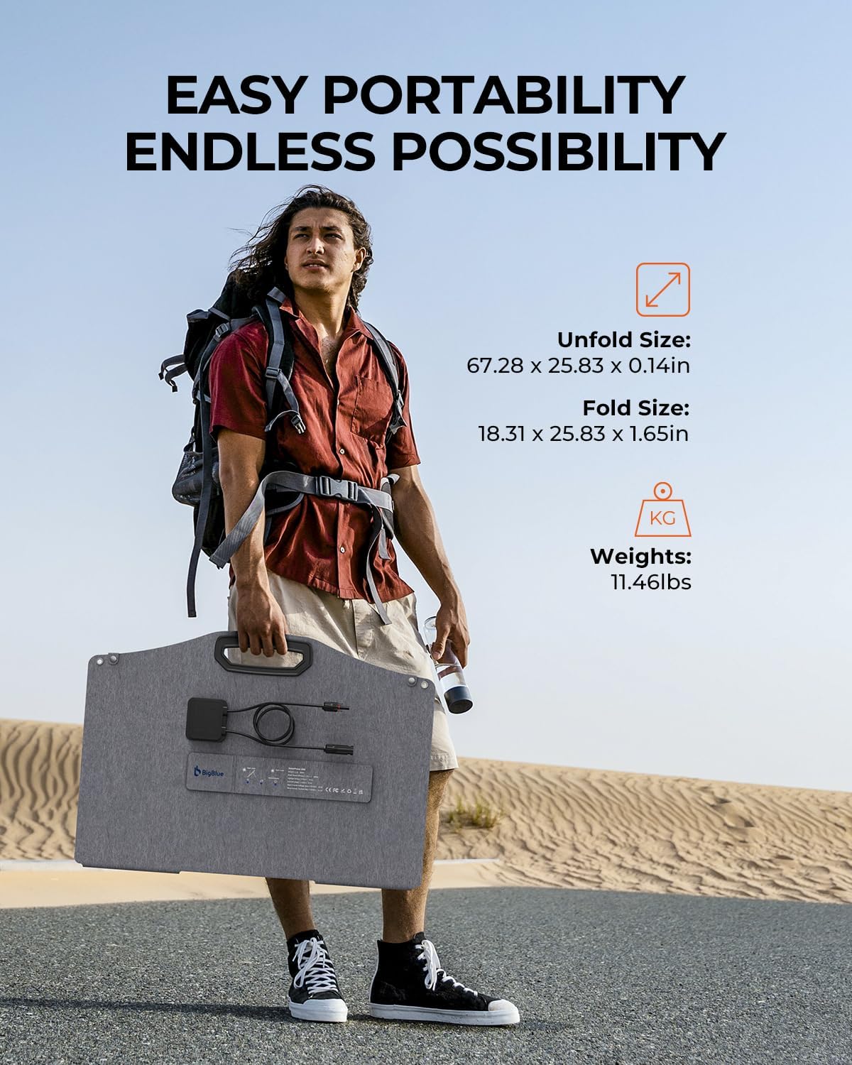 200W Solar Panel, BigBlue SolarPowa 200 Solar Panel Charger with Kickstand for Camping, IP68 Waterproof, Portable and Lightweight, 25% Solar Efficiency, DC5521/8020/7909/ XT60 Plug for Power Station