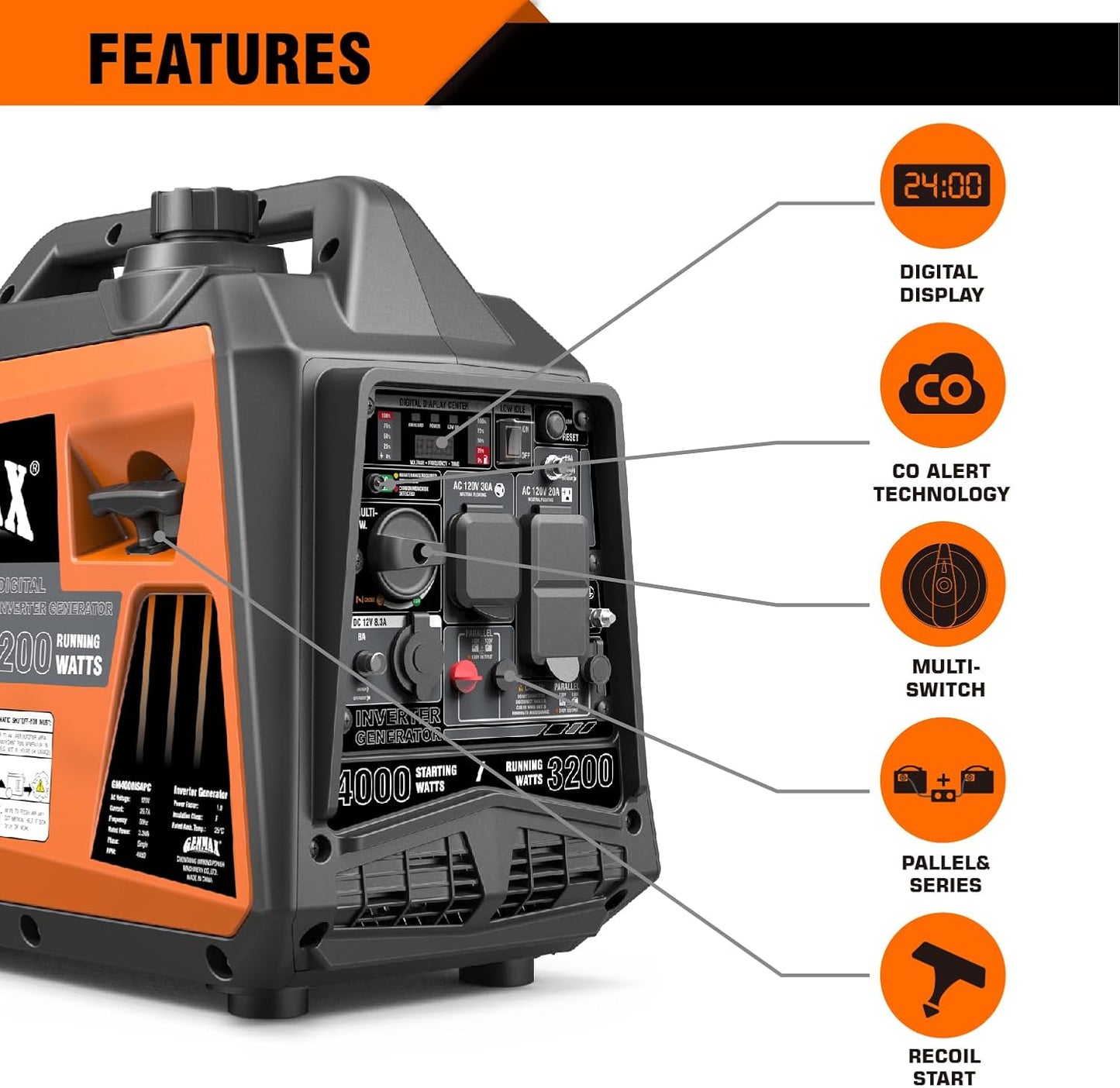 GENMAX Generator，EPA Compliant, Eco-Mode Feature, Ultra Lightweight for Backup Home Use & Camping