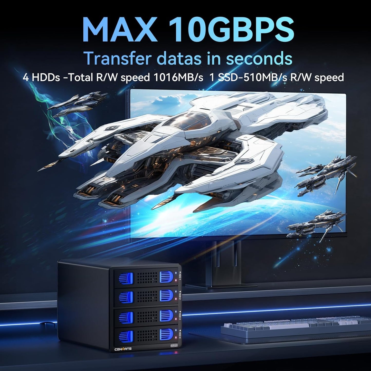 Aluminum 4 Bay 10Gbps Hard Drive Enclosure with Cooling Fan for 2.5“/3.5" SATA HDD/SSD with USB A/C 3.2 Gen 2, Support Hot Swappable,Tool-Free HDD Enclosure , DAS(NO RAID/NAS)