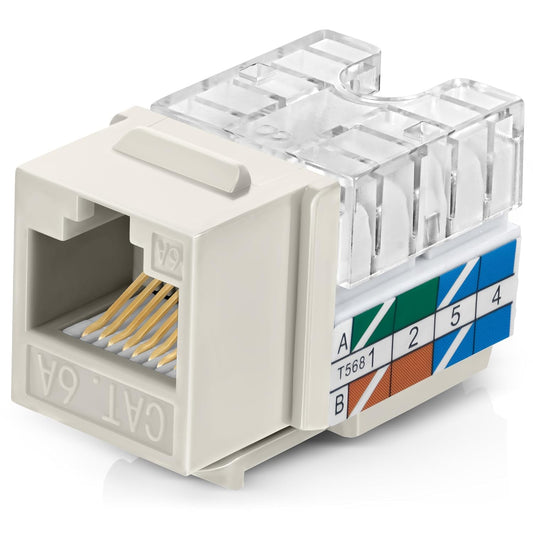 Everest 90° Angled RJ45 Cat6A Keystone Jacks 10-Pack in Light Almond - Slim Profile Female RJ45 Connectors - Cat 6A Keystone Jack - Compatible with 90° Angled Speed Termination Tool - easyJACK