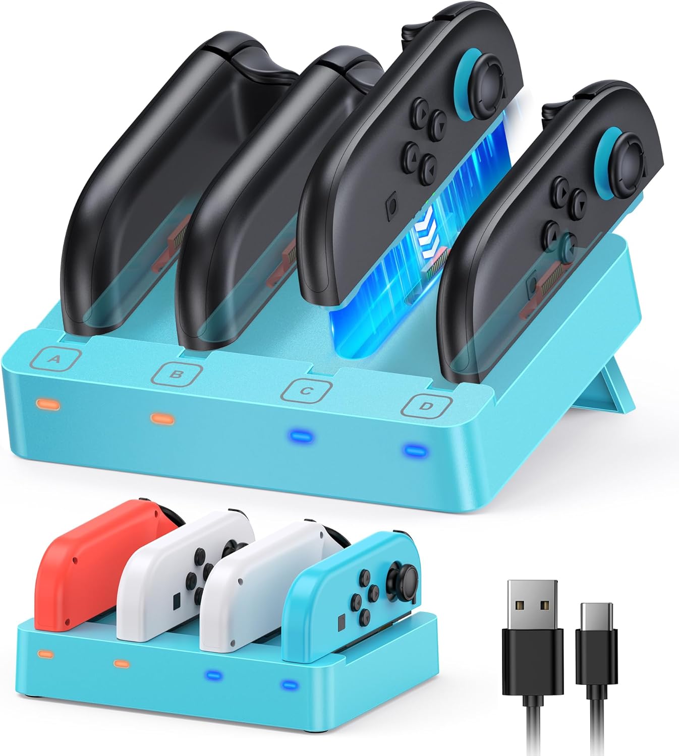 Charger for Nintendo Switch 2 and Switch 1 Controller, Horizontal Charging Dock Station for Joy con and for Joycon 2 Accessories with Foldable Storage Stand (Blue)