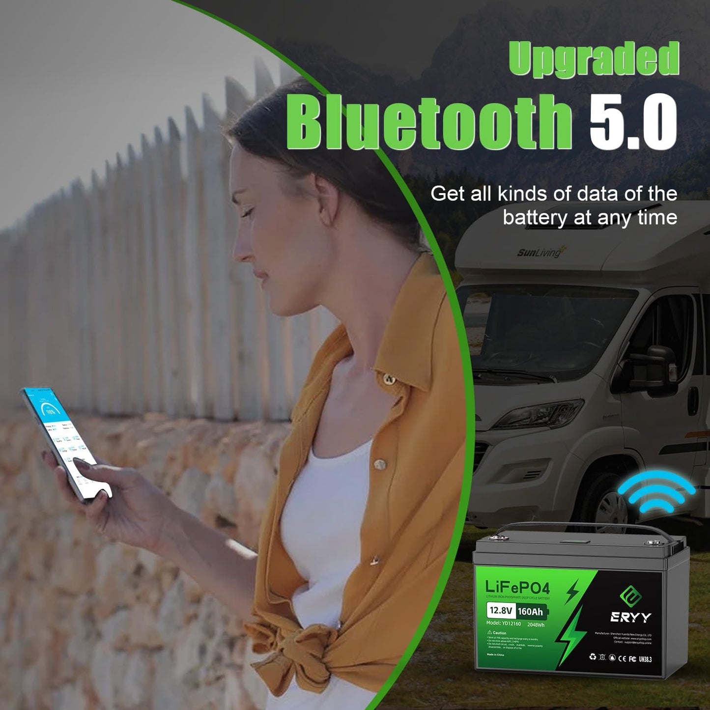 12V 160Ah LiFePO4 Battery Bluetooth, Group 31 RV Lithium Batteries 12V, 2048Wh Energy & 100A BMS, 5000+ Deep Cycle Trolling Motor, RV, Boat, Solar, Off-Grid, Camping, Golf Cart