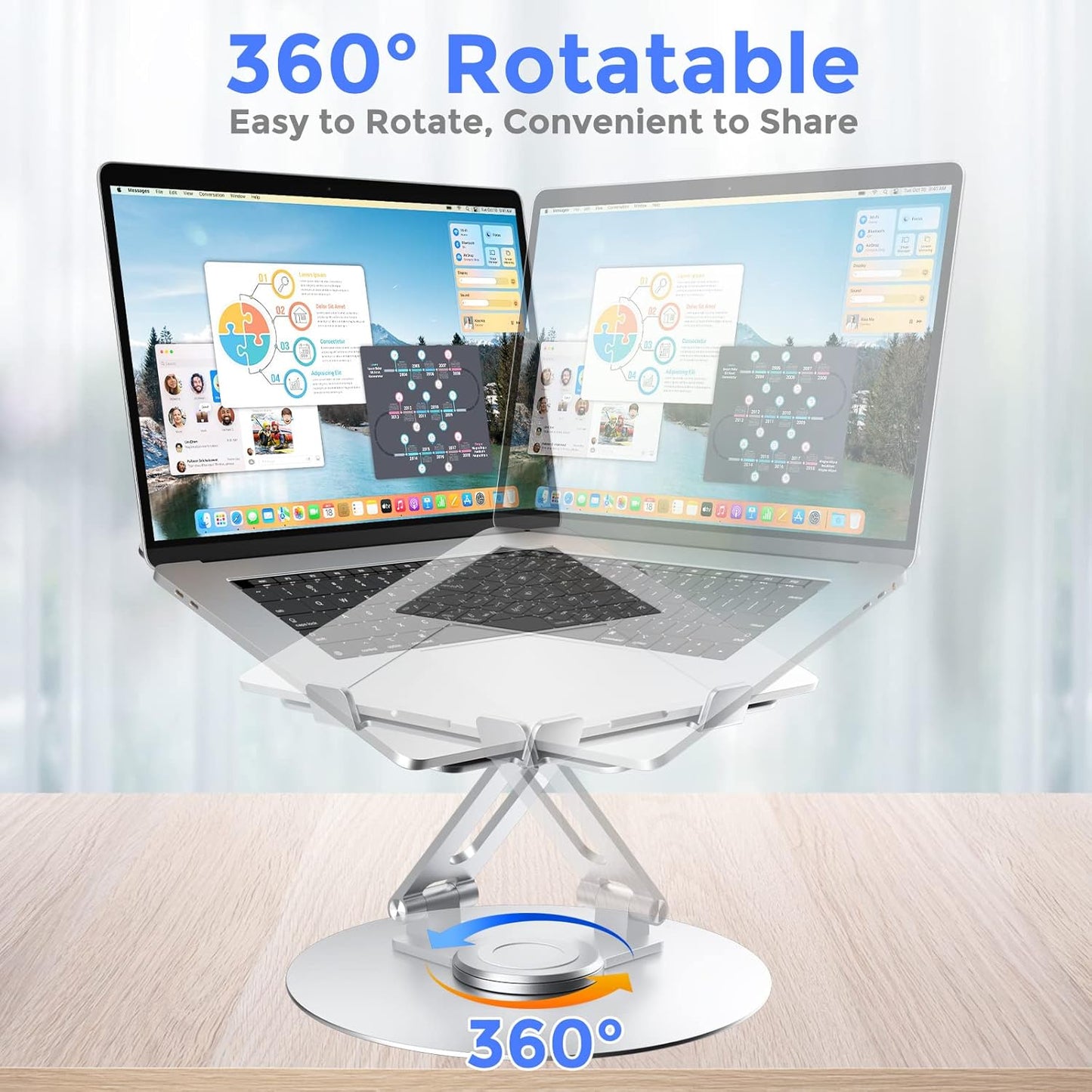 Swivel Laptop Stand for Desk, Adjustable Height Aluminum Computer Stand with 360 Rotating Base, Foldable Ergonomic Riser, Portable Laptop Holder Compatible with MacBook, All Laptops 10-17'', Chrome