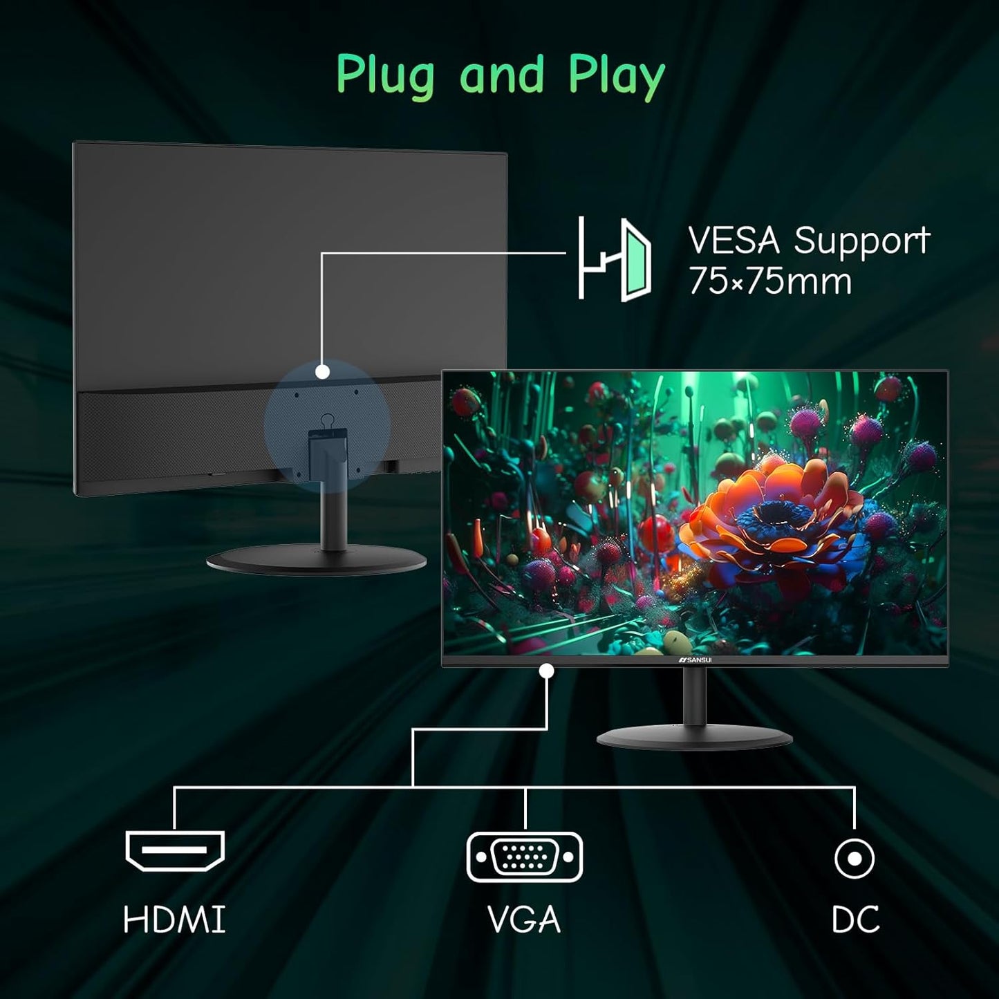SANSUI Computer Monitor 24 inch IPS Eye Care 1080P Display HDMI,VGA Ports with 178° Viewing Angle/Frame-Less/Tilt/VESA Compatible for Office and Home