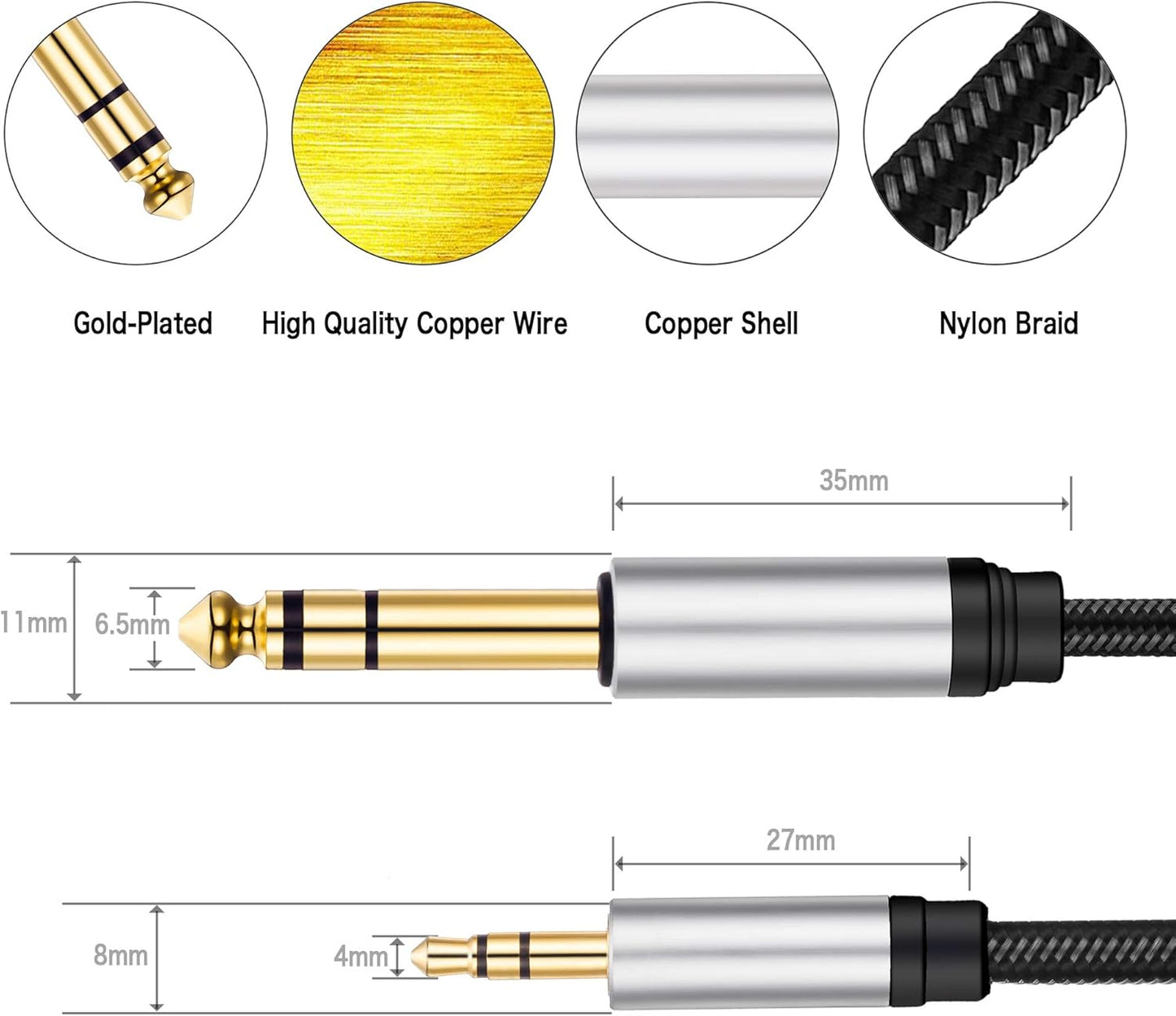 3.5 mm to 6.35 mm Audio Cable 30Ft,Gold-Plated Terminal Silver Color Zinc Alloy Housing 3.5mm 1/8" Male TRS to 6.35mm 1/4" Male TRS Nylon Braided Stereo Audio Cable for Cellphone, Amplifiers(30Ft/10M)