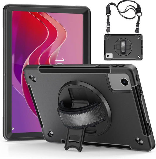 Junfire Protective Case for Lenovo Tab M11/Tab K11 LTE 11-inch 2024, Shockproof Rugged Case with 360°Rotating Kickstand/Hand Strap/Shoulder Strap/Pencil Holder for TB-330FU/330XU-Black