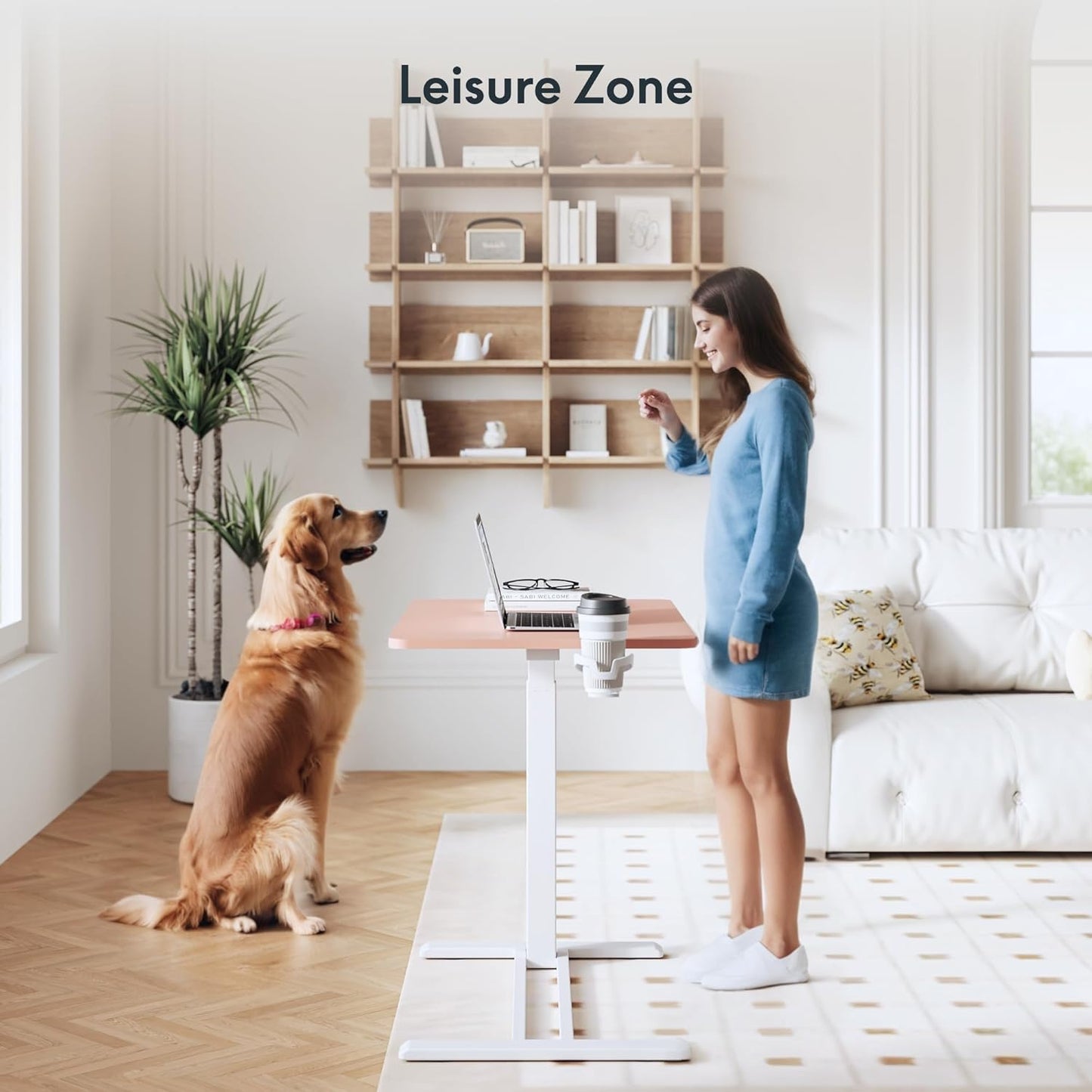 FLEXISPOT H7 Adjustable Overbed Bedside Table with Wheels Pneumatic Mobile Standing Desk Laptop Desk Rolling Computer Cart Movable Overbed Table Hospital Home Use(27.6" W x 15.7" D, Pink)