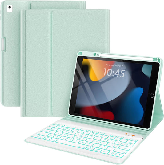 iPad 7th/8th/9th Generation Case with Keyboard 10.2-inch 2019/2020/2021, iPad Air 3rd/Pro 10.5-inch 2017 Compatible, 7 Color Backlit Keyboard BT/Wireless/Detachable with Pencil Holder (Mint Green)