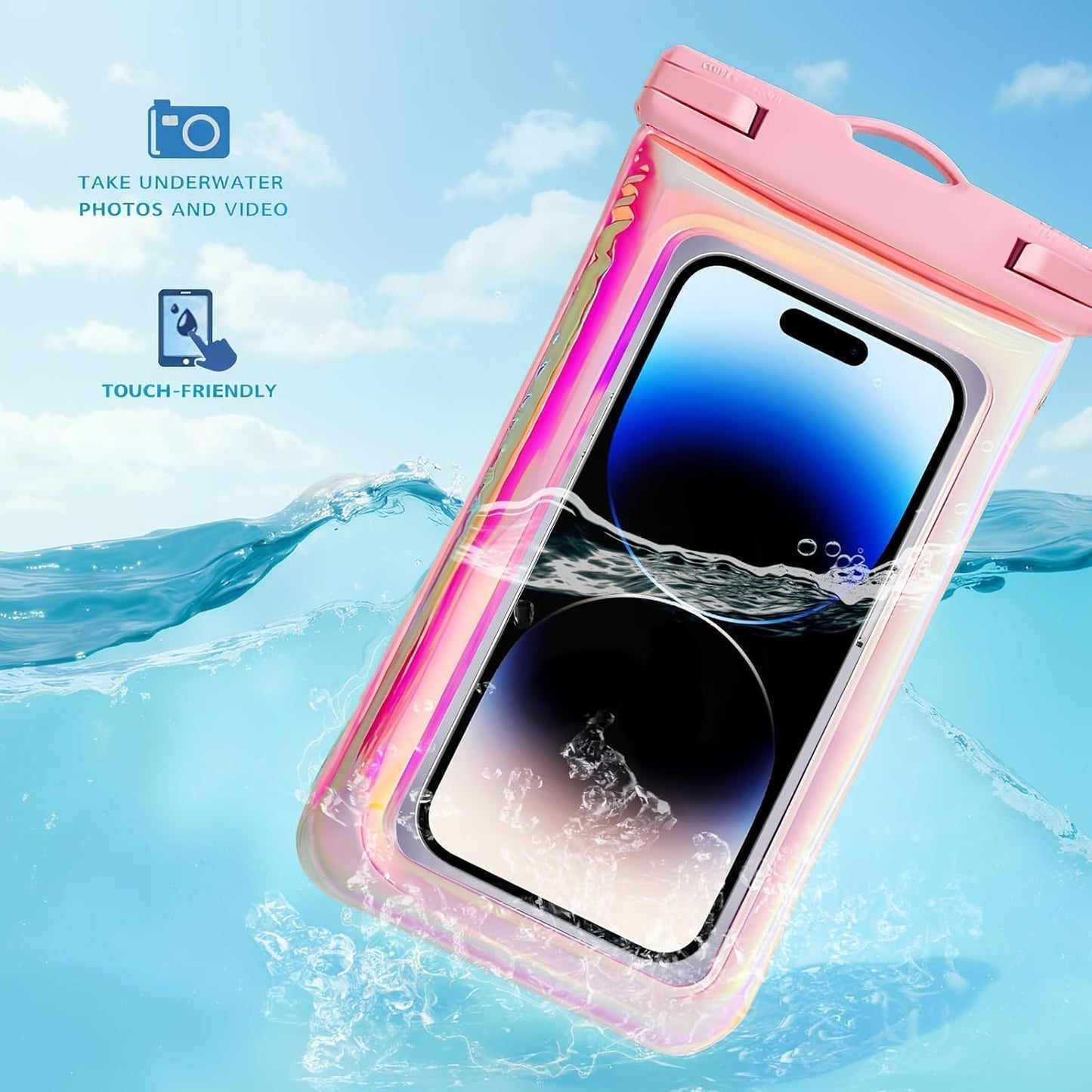 Floatable Waterproof Phone Pouch Case 2 Pax for iPhone 16 Pro Max/15/14/13/12, IP68 Travel Cellphone Dry Bag Beach Cruise Ship Essentials Bags with Crossbody Lanyard, Iridescent Pink and Blue-7″
