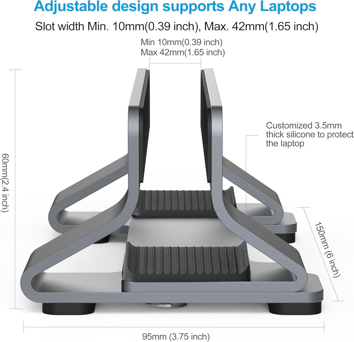 Aluminum Vertical Laptop Stand Dock Holder, Adjustable Slot Width 12-42mm, Space-Saving Upright Storage for MacBook and Laptops