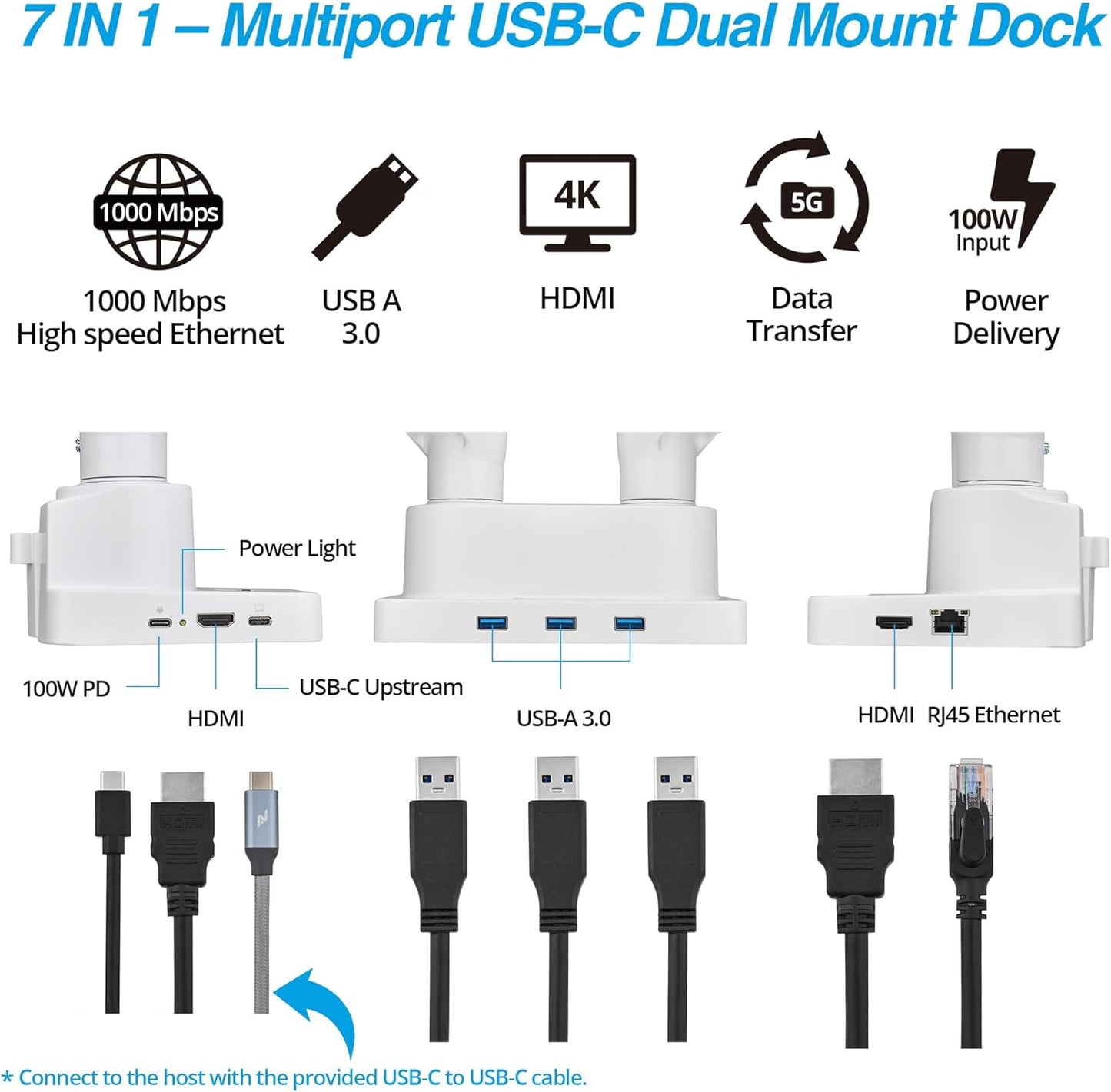 AVLT Dual 17”-38" Monitor Arm Desk Mount with 17" Laptop Tray and USB-C Docking Station, HDMI 4K60Hz, USB-A 5Gbps, Ethernet, 100W PD, Fits Two Flat/Curved Monitor - White