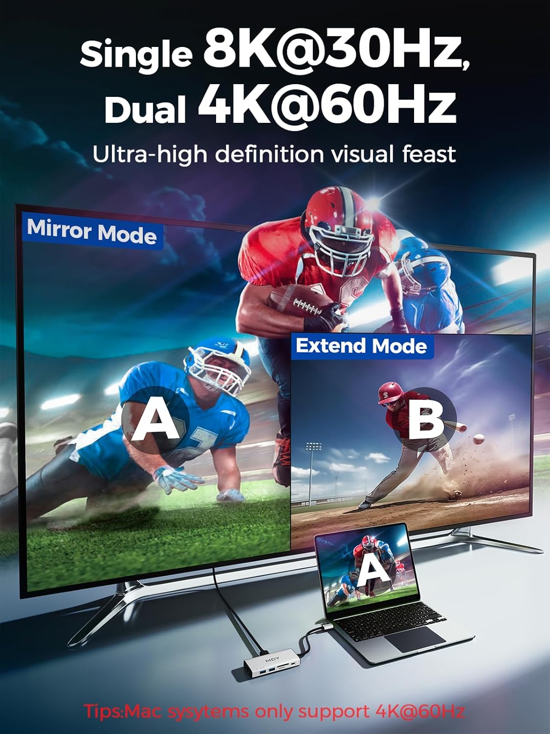 MCY USB C Hub,Laptop Docking Station Dual Monitor Single 8K,2x4K@60Hz,10 in 1 Type-C Multiport Adapter with 2 HDMI,PD100W,Extender Splitter,Card Reader,Ethernet Dock for Mac/Dell/HP/Surface/Steam Deck