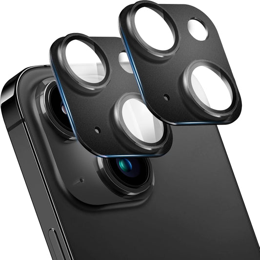 2 Pack Camera Lens Protector for iPhone 14 / iPhone 14 Plus,[Not Easy to Breakn ] AR Tempered Glass Strong Adsorption Metal Camera Cover Screen- black