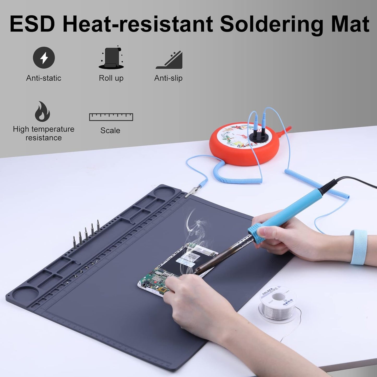 Anti Static Mat for PC Building, Computer Electronics Repair, IUZIT Heat Resistant 932°F ESD Soldering Mat with Grounding Cord & Plug, ESD Wristband for BGA Gun Soldering Iron15.9” x 12”
