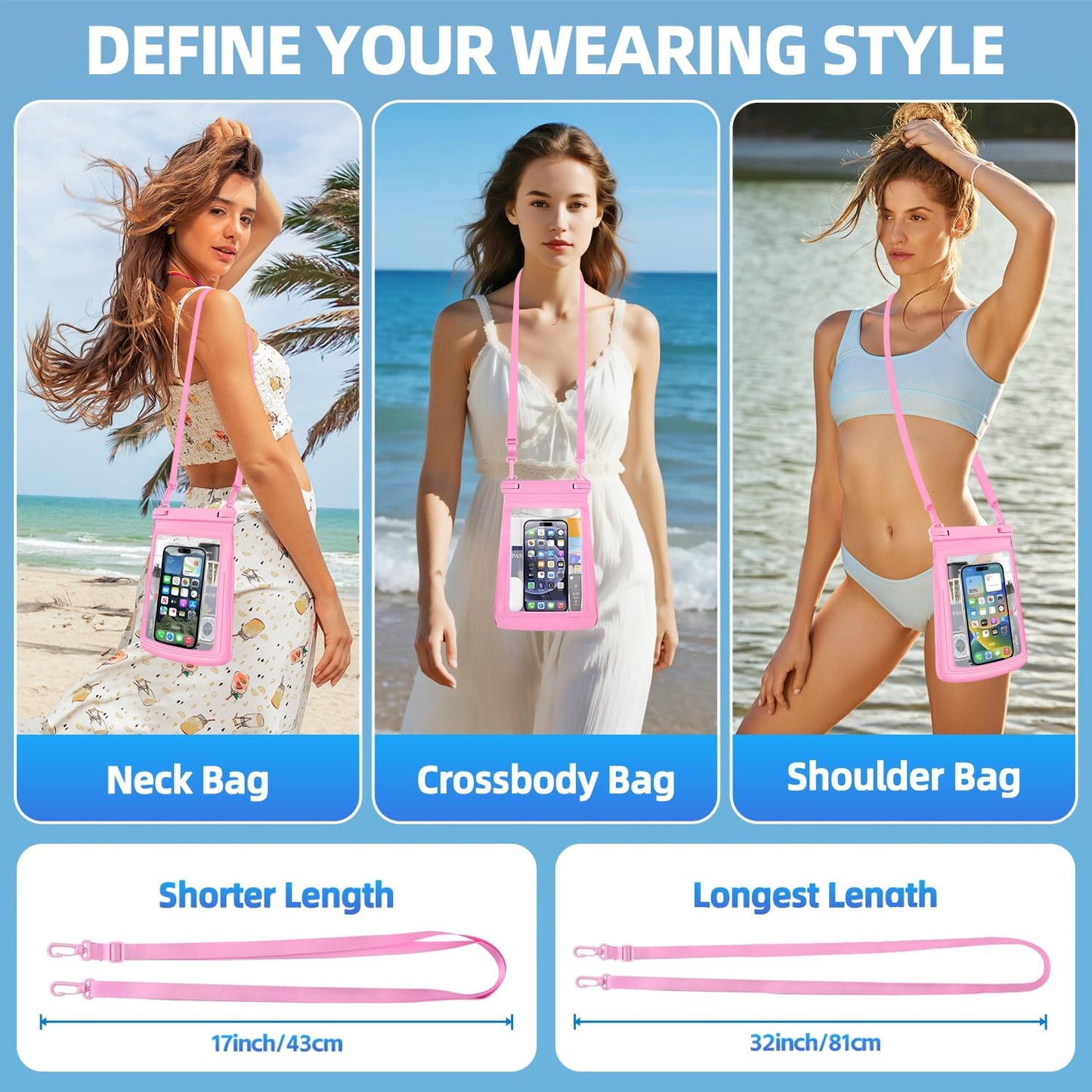 2L Floating Waterproof Phone Pouch for Up to 7.5", Large Space Adjustable Neck Lanyard Waterproof Bag. Dry Bag for Family Vacations, Beach, Pools, Kayaking, Cruises (Pink)