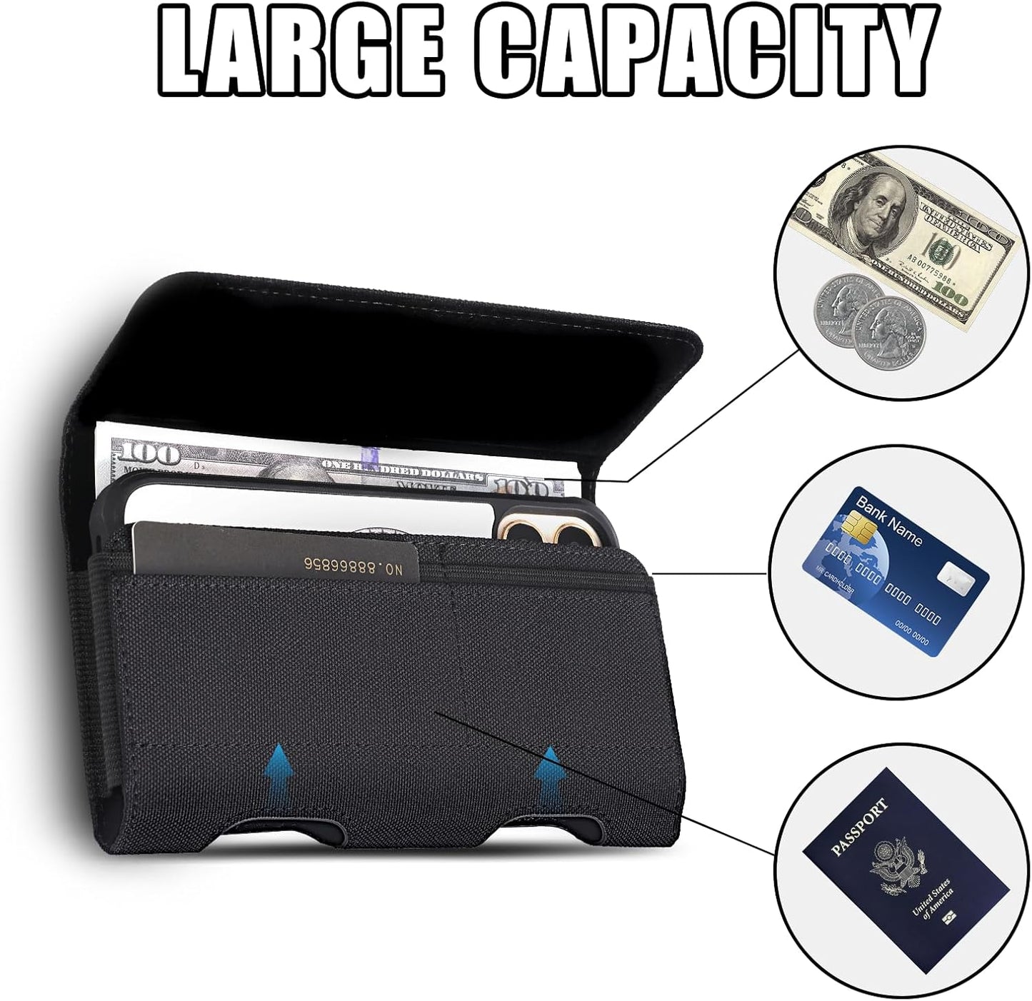 BECPLT for iPhone 17 Pro 17/16/15/14/13/12/11 Pro Cell Phone Pouch Nylon Holster Case with Belt Clip Cover for iPhone Xs X Galaxy S25 S24 S23 S22 S21 S20 (Black)