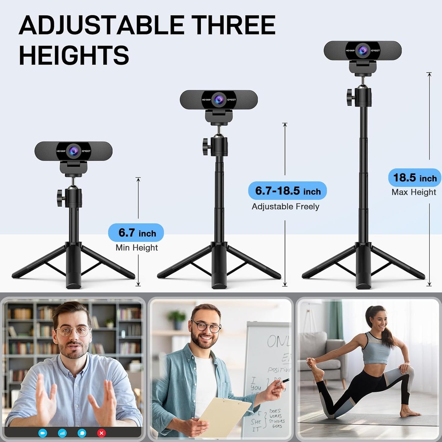 EMEET C960 Webcam with Tripod, 1080P Webcam with Microphone, Adjustable Height Mini Tripod, C960 Web Camera with Privacy Cover, Plug & Play with Stand for Zoom/Skype/YouTube/FaceTime