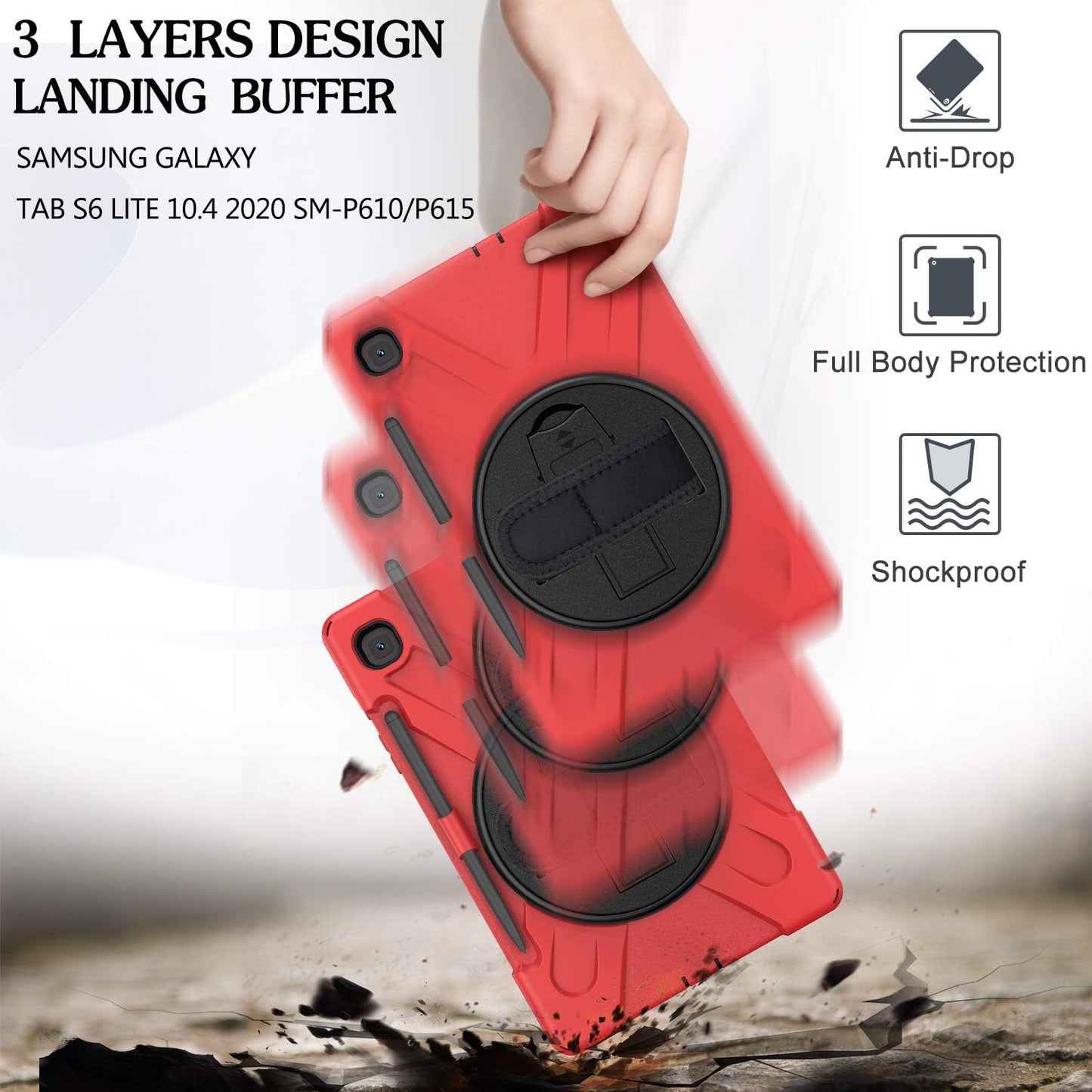 BRAECN for Samsung Galaxy Tab S6 Lite Case, Heavy Duty Rugged Cover with [Rotating Hand Strap] [Carrying Shoulder Strap] [Kickstand] [S Pen Holder] for Galaxy Tab S6 Lite 10.4 2024/2022/2020 -Red