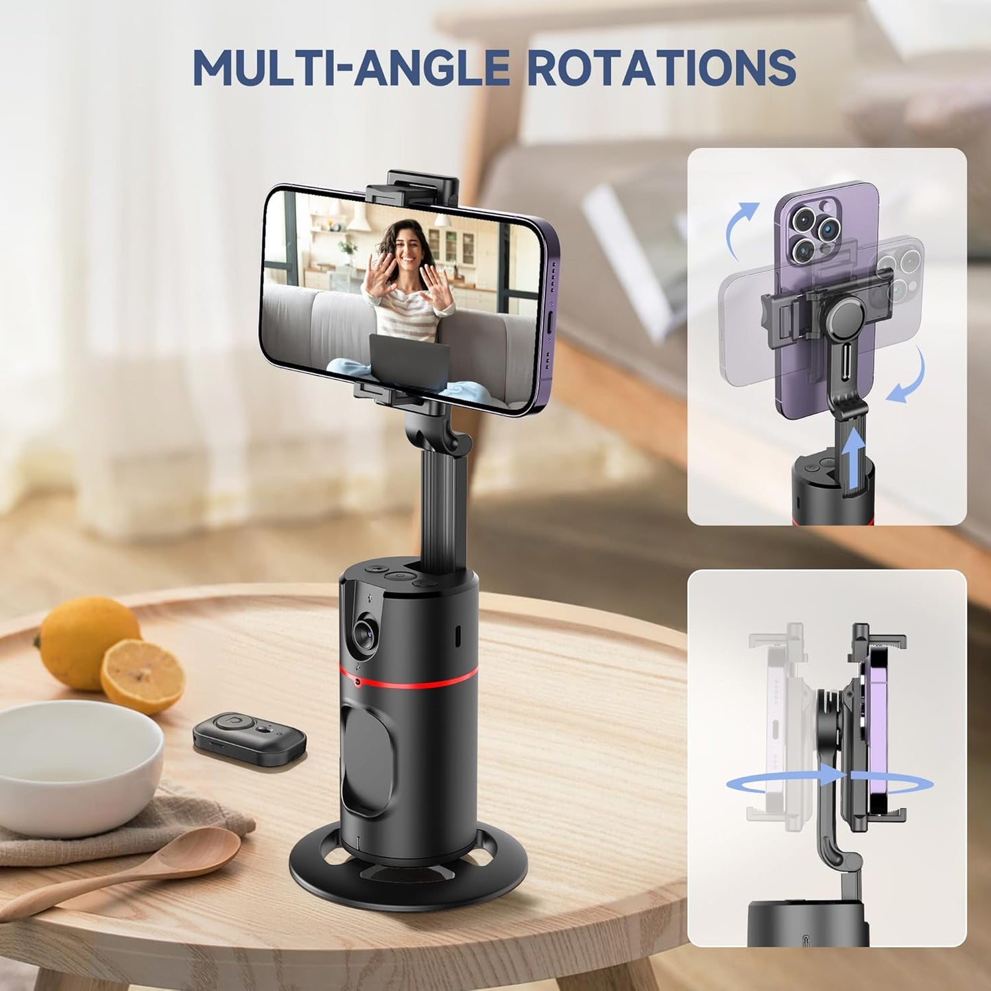 Auto Face Tracking Tripod, No App, Smart Shooting Phone Holder with Remote, 360° Rotation Body Phone Camera Mount with Phone Holder Body Smart Tracking Tripod for Vlog/TIK Tok, Rechargeable Battery